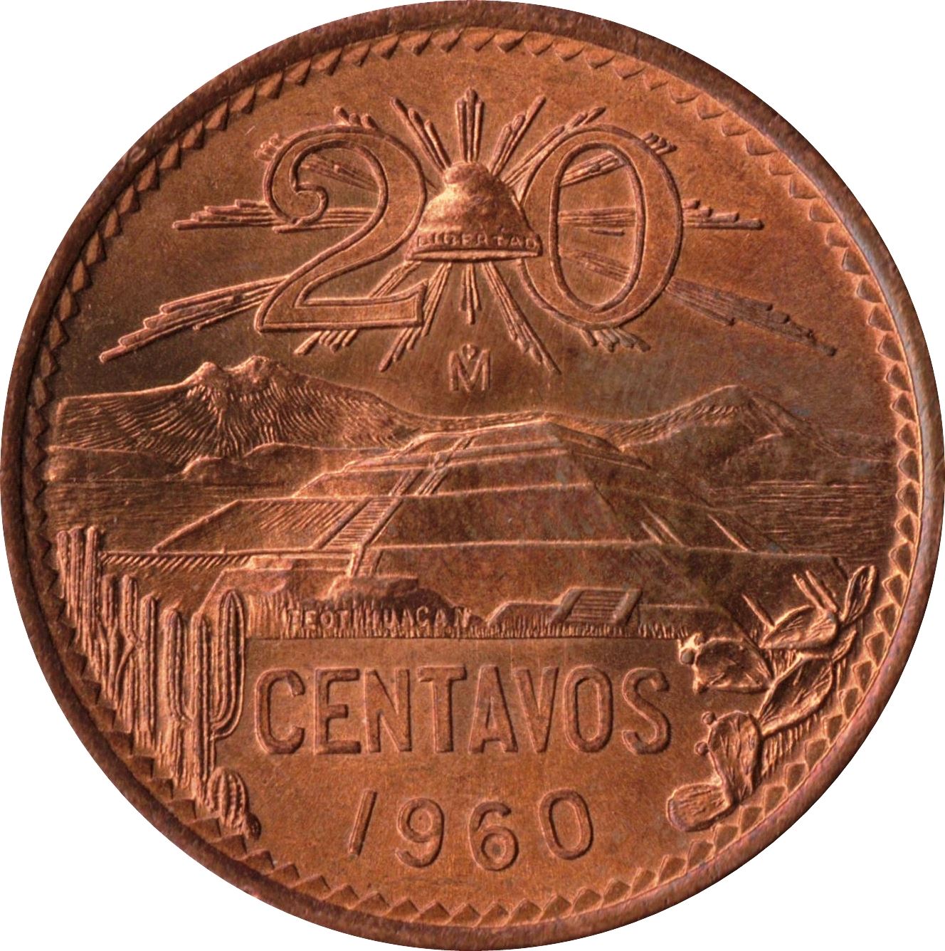 Mexico 20 Centavos | Liberty cap | Pyramid | Teotihuacán Coin | KM440 | 1955 - 1971