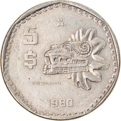 Mexico 5 Pesos | feathered serpent god Quetzalcoatl Coin | KM485 | 1980 - 1985