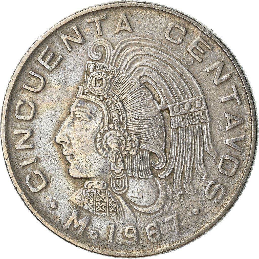 Mexico 50 Centavos Coin | King Cuauhtemoc | Feather crown | KM451 | 1964 - 1969