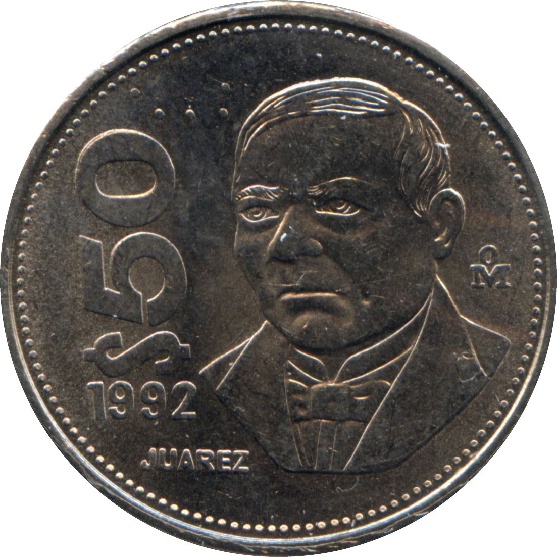 Mexico 50 Pesos Coin | Benito Pablo Juarez Garcia | Eagle | Shield | KM495a | 1988 - 1992