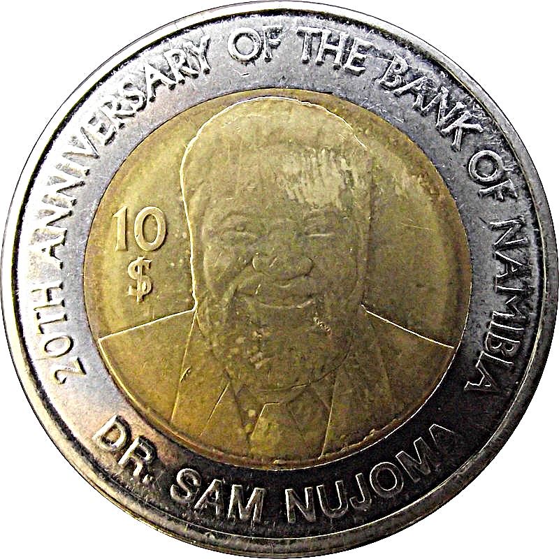 Namibia 10 Dollars Coin | 20 Years Bank of Namibia | Dr. Sam Nujoma | KM21 | 2010