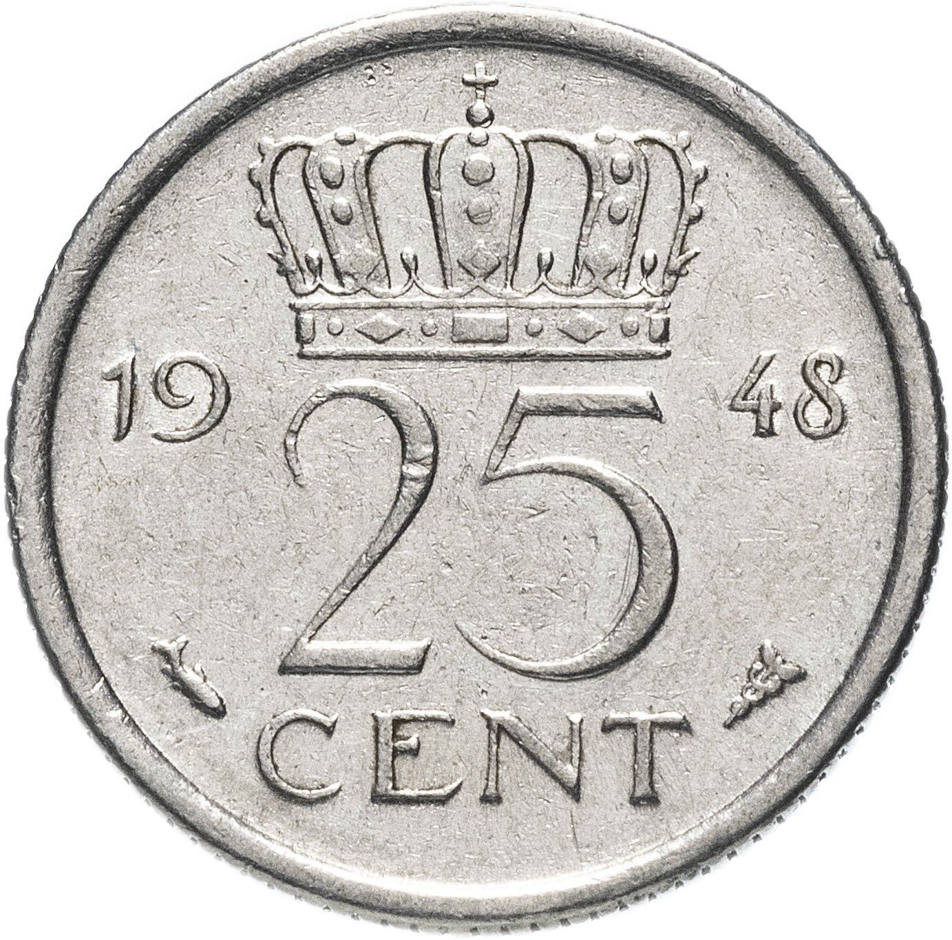 Netherlands Coin 25 Cents | Queen Wilhelmina | KM178 | 1948