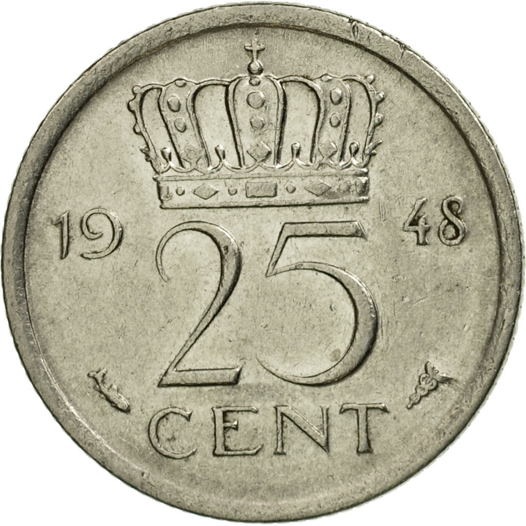 Netherlands Coin 25 Cents | Queen Wilhelmina | KM178 | 1948