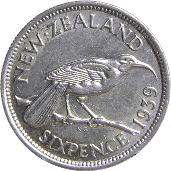 New Zealand 6 Pence Coin | King George VI | Huia Bird | KM8 | 1937 - 1946