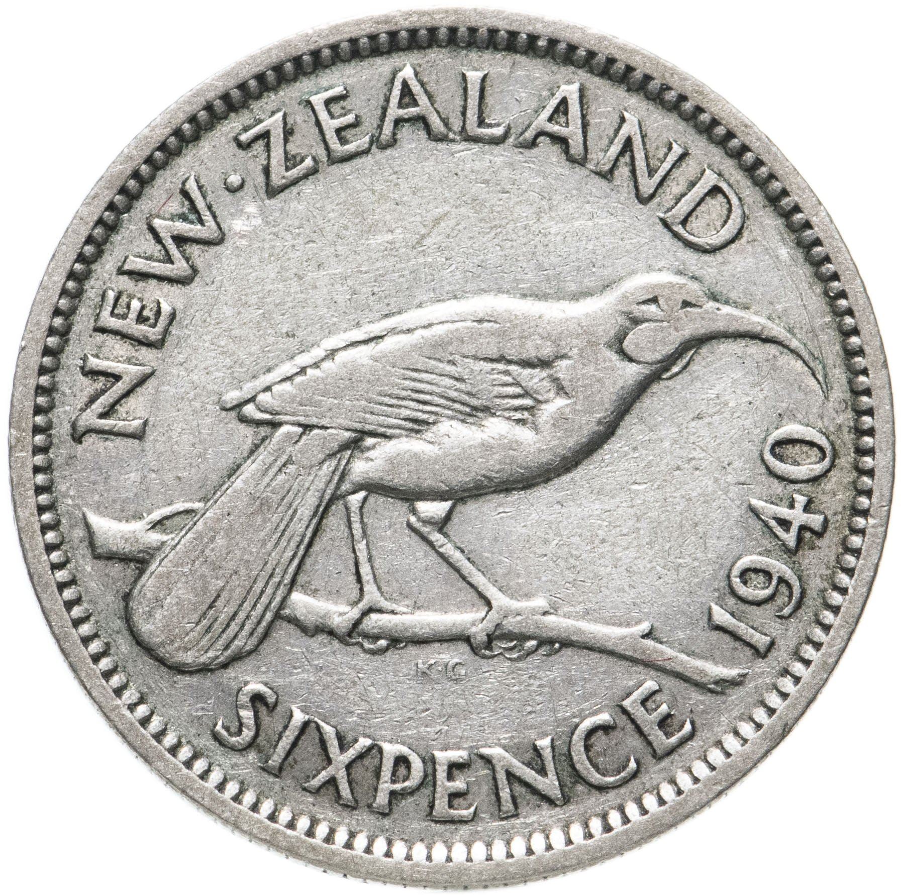 New Zealand 6 Pence Coin | King George VI | Huia Bird | KM8 | 1937 - 1946