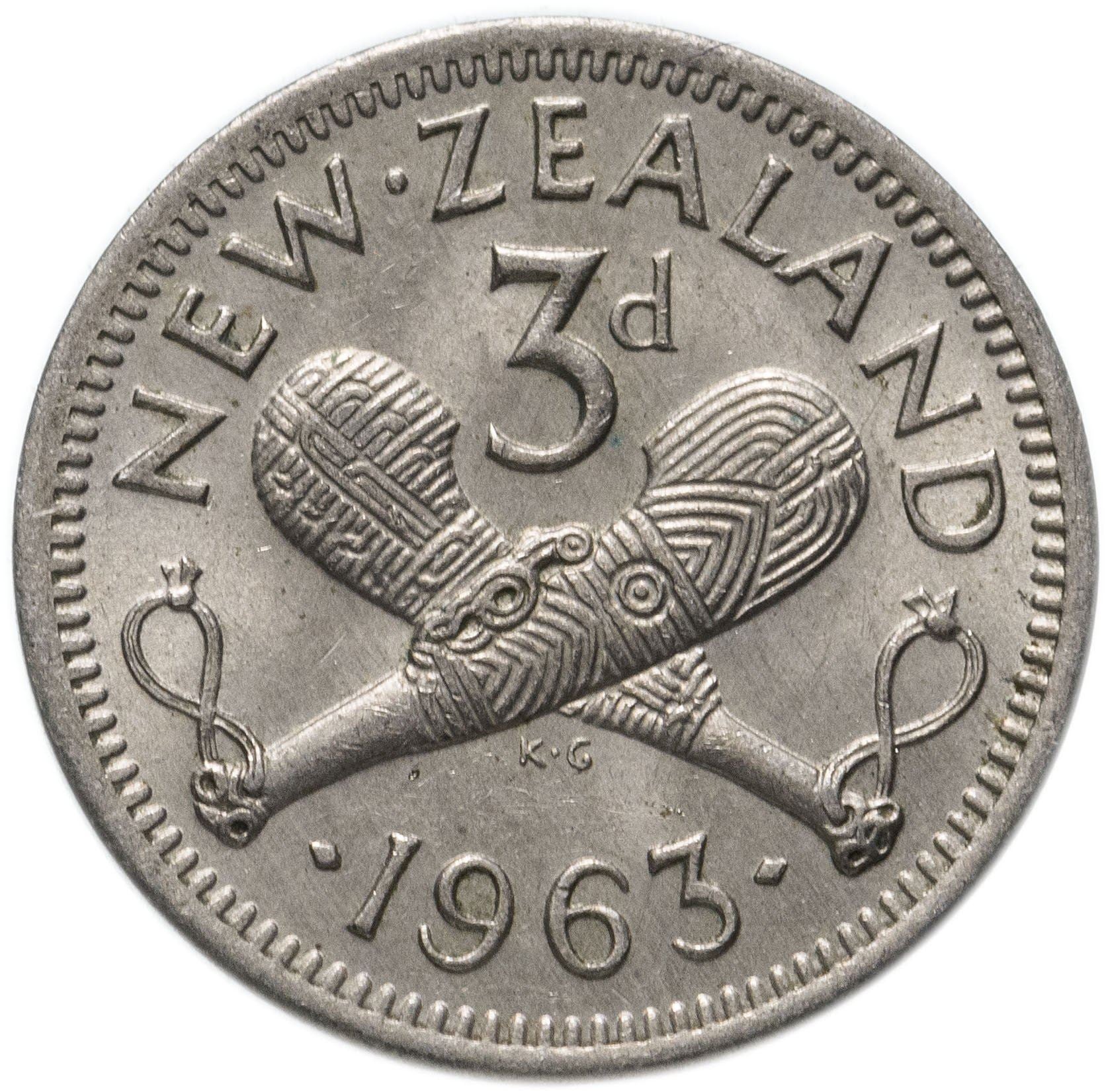 New Zealander 3 Pence Coin | Queen Elizabeth II | Carved Patu | KM25 | 1953 - 1965