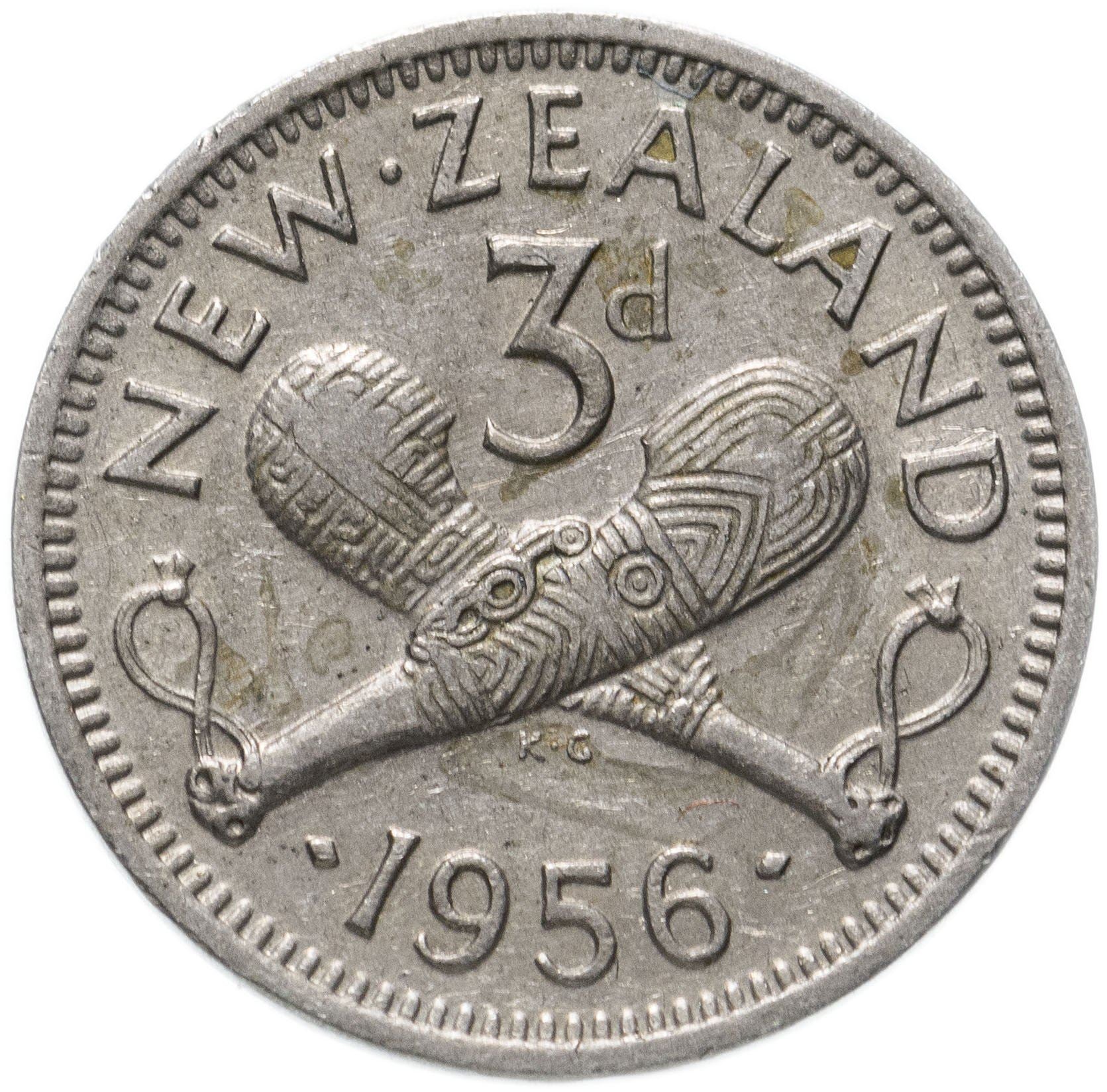 New Zealander 3 Pence Coin | Queen Elizabeth II | Carved Patu | KM25 | 1953 - 1965