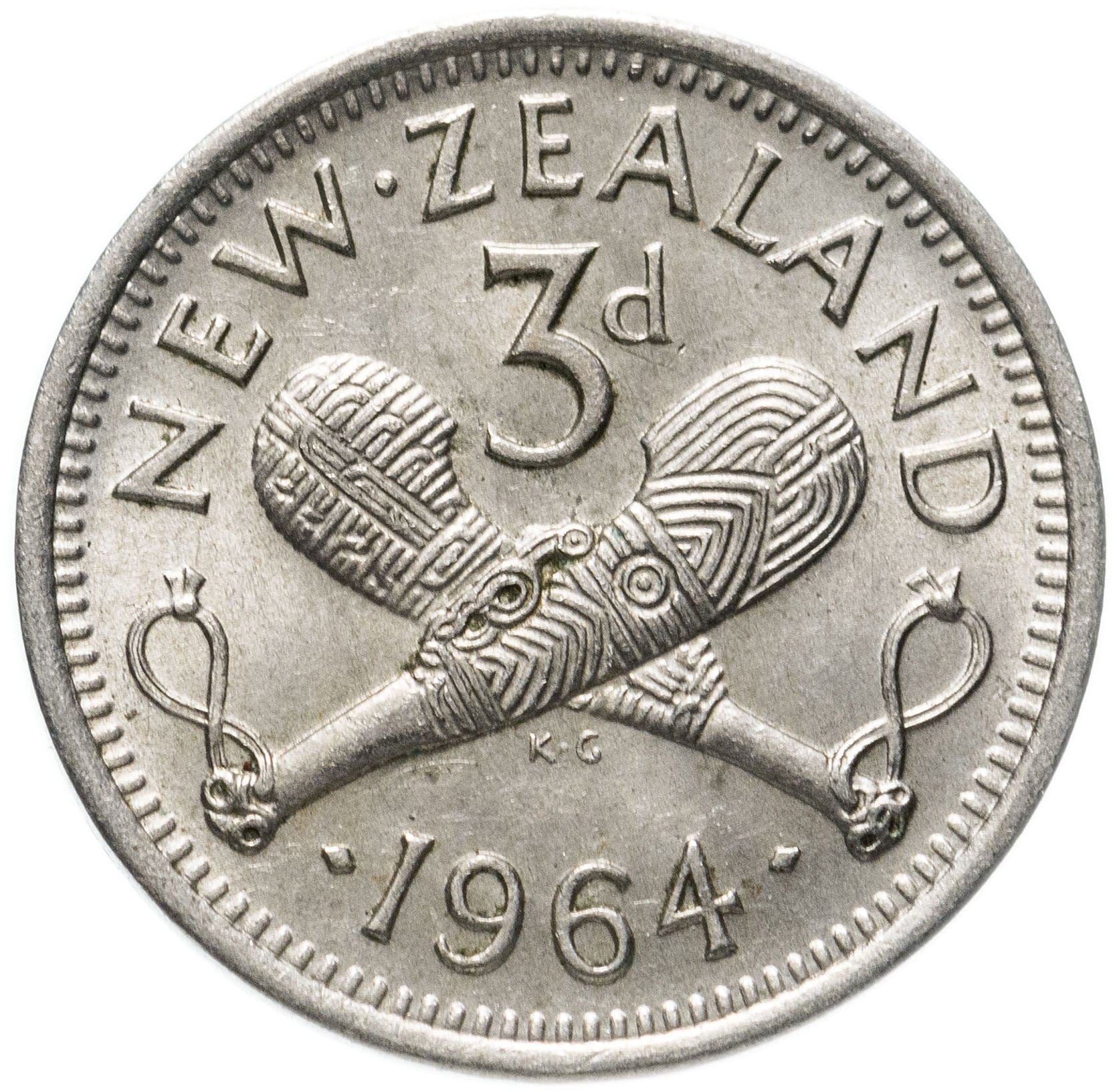 New Zealander 3 Pence Coin | Queen Elizabeth II | Carved Patu | KM25 | 1953 - 1965