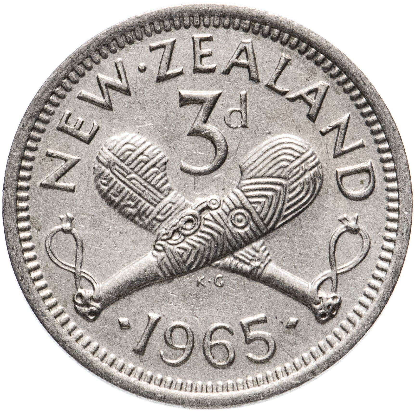 New Zealander 3 Pence Coin | Queen Elizabeth II | Carved Patu | KM25 | 1953 - 1965