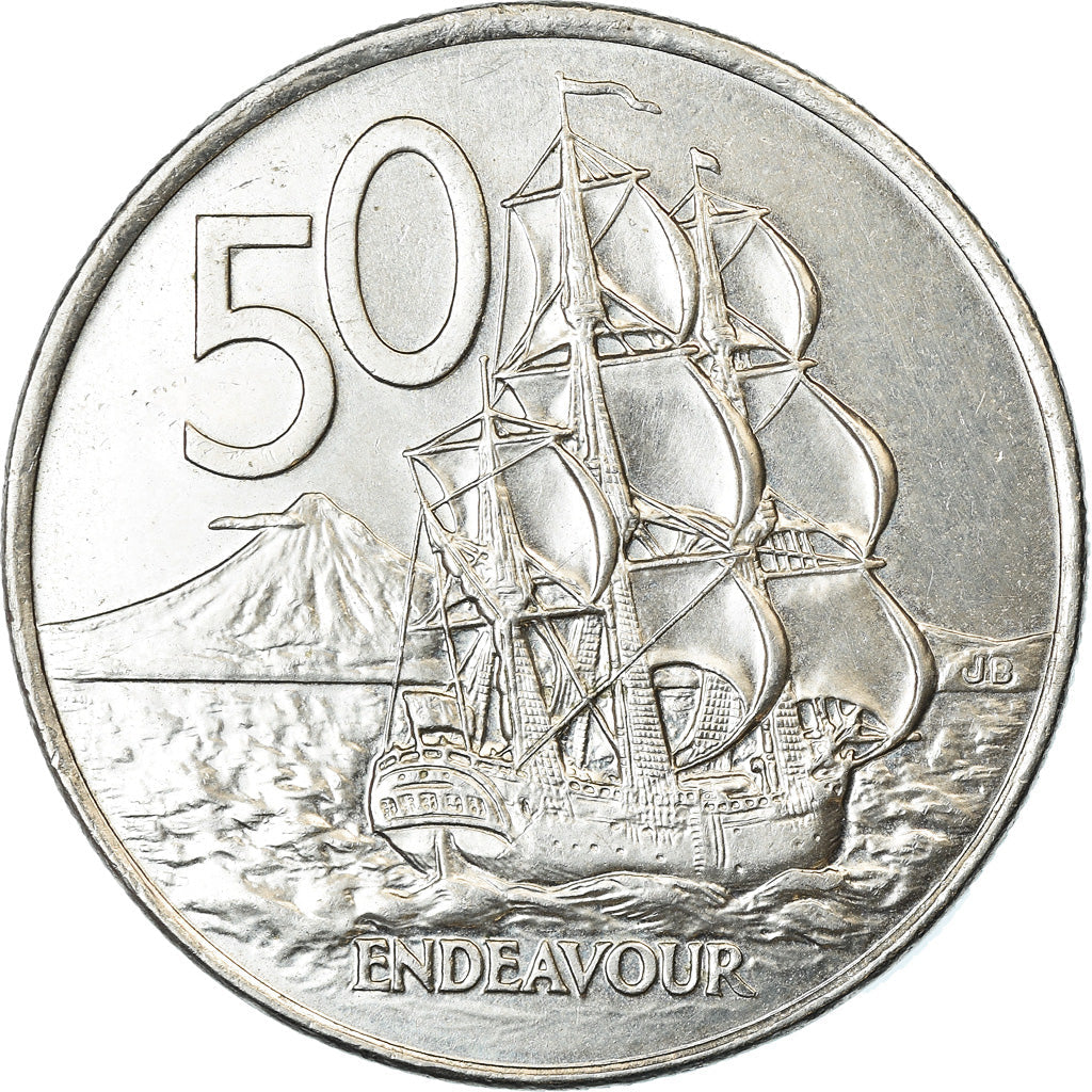 New Zealander 50 Cents Coin | Queen Elizabeth II | Captain James Cook | HMS Endeavour | KM119 | 1999 - 2006