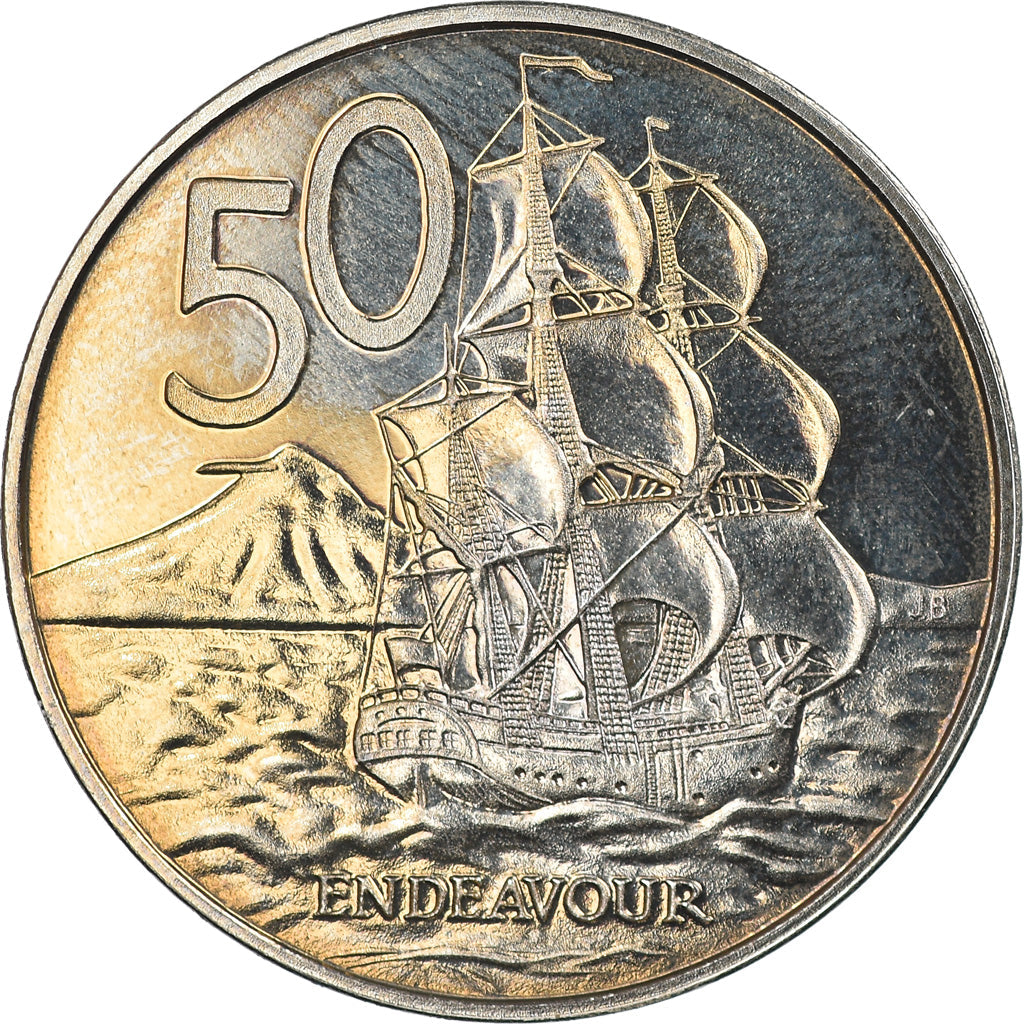 New Zealander 50 Cents Coin | Queen Elizabeth II | Captain James Cook | HMS Endeavour | KM119a | 2006 - 2021