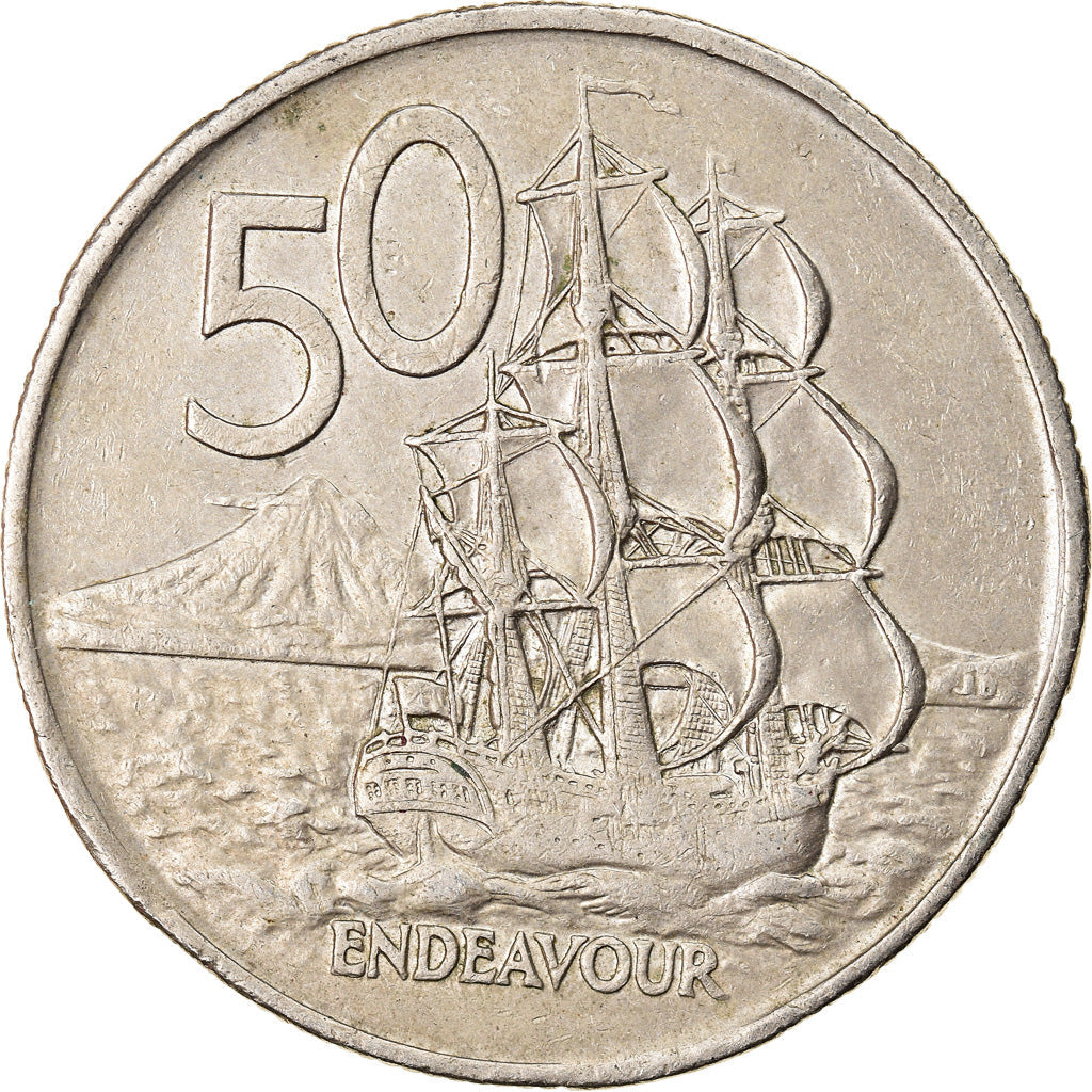 New Zealander 50 Cents Coin | Queen Elizabeth II | Captain James Cook | HMS Endeavour | KM37 | 1967 - 1985