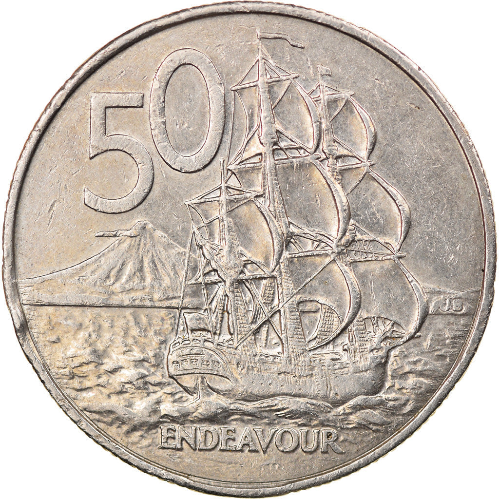 New Zealander 50 Cents Coin | Queen Elizabeth II | Captain James Cook | HMS Endeavour | KM63 | 1986 - 1998