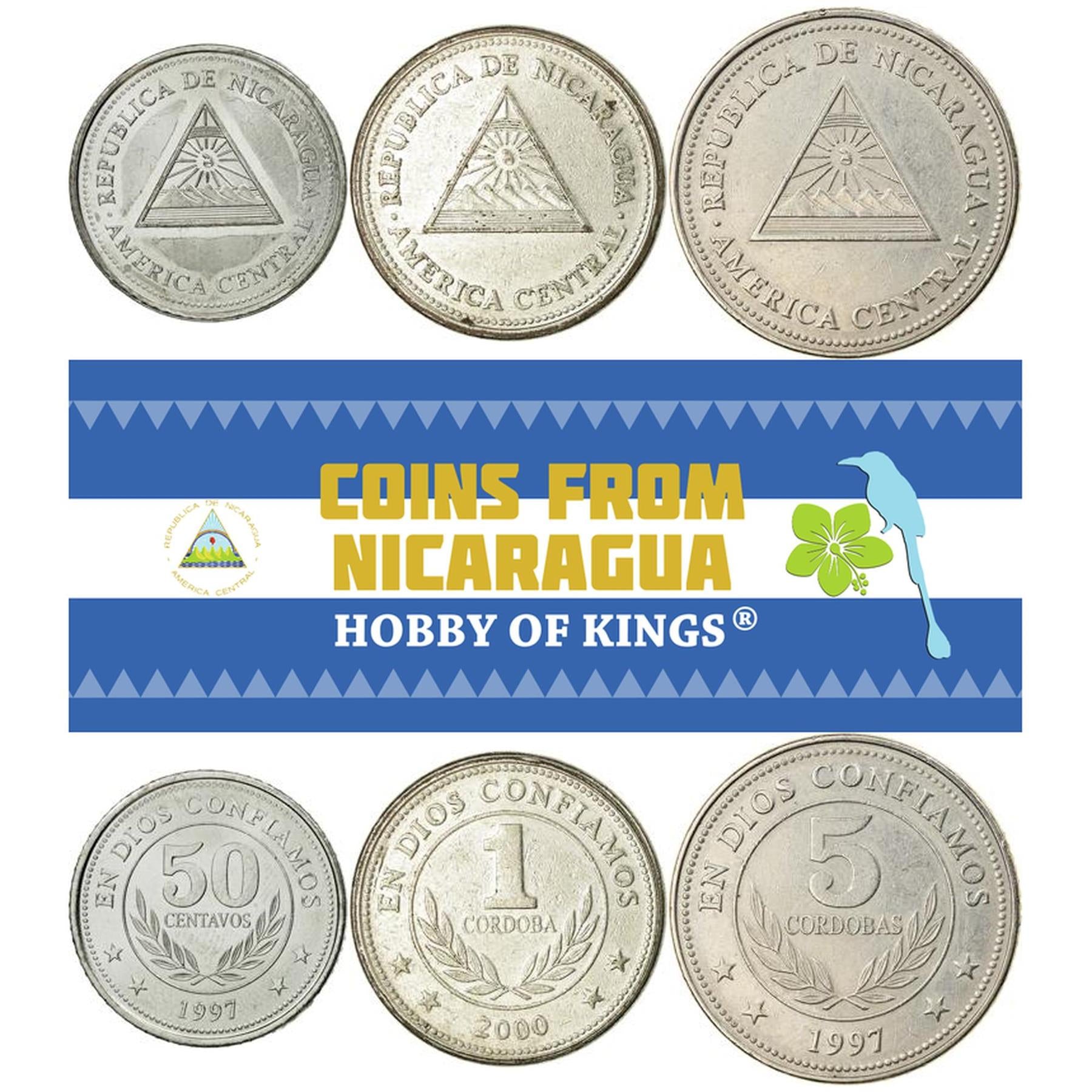 Nicaragua | 3 Coin Set | 50 Centavos 1 5 Cordobas | Rainbow | Volcano | 1997 - 2000