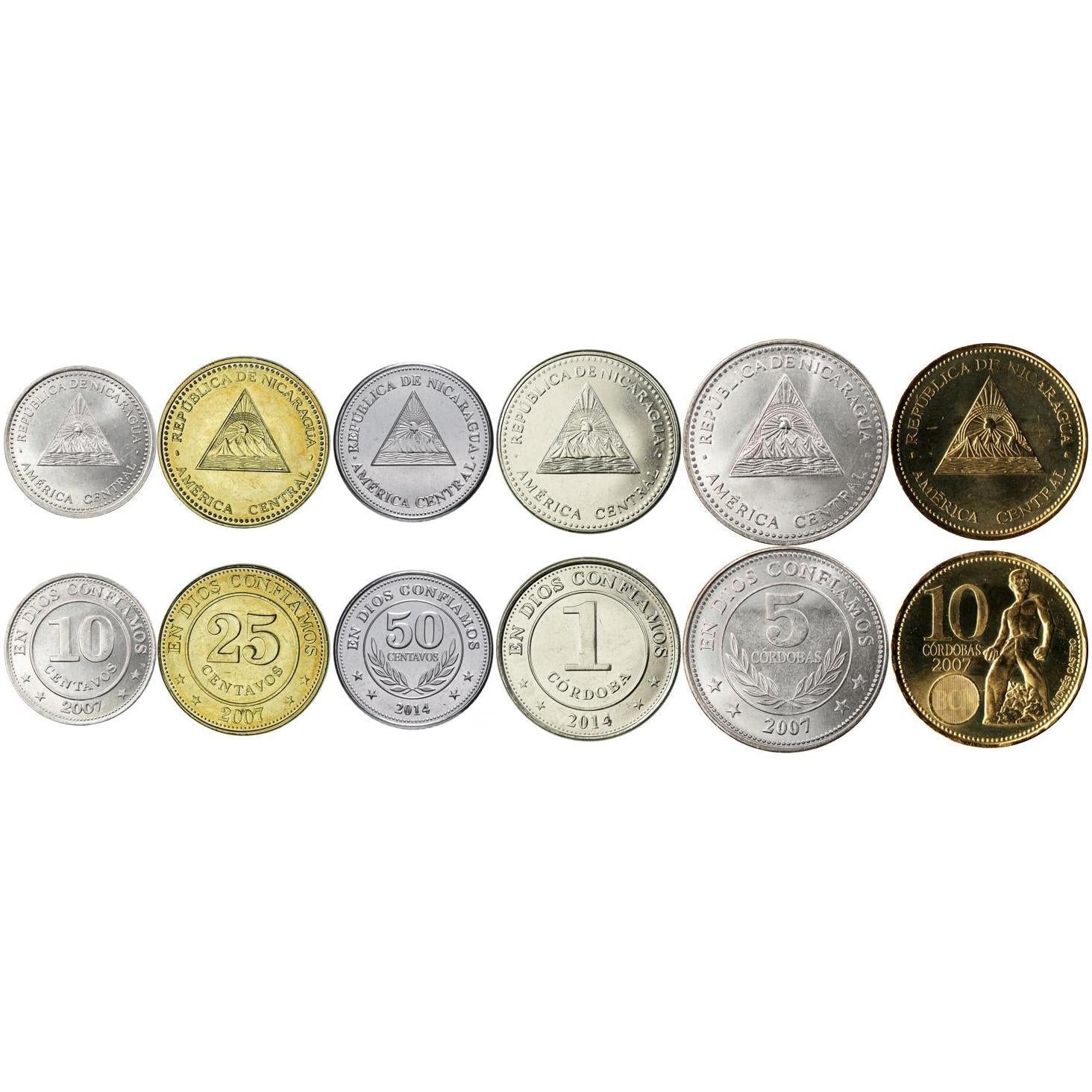 Nicaragua | 6 Coin Set | 10 25 50 Centavos 1 5 10 Cordobas | Volcano | 2007 - 2015