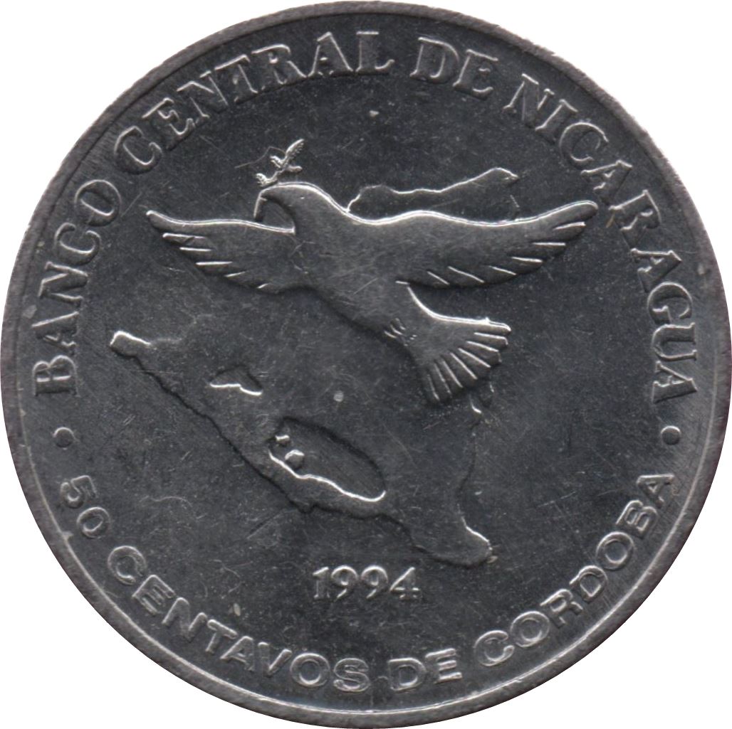 Nicaragua Coin Nicaraguan 50 Centavos Coin | Peace Dove | Map | KM83 | 1994