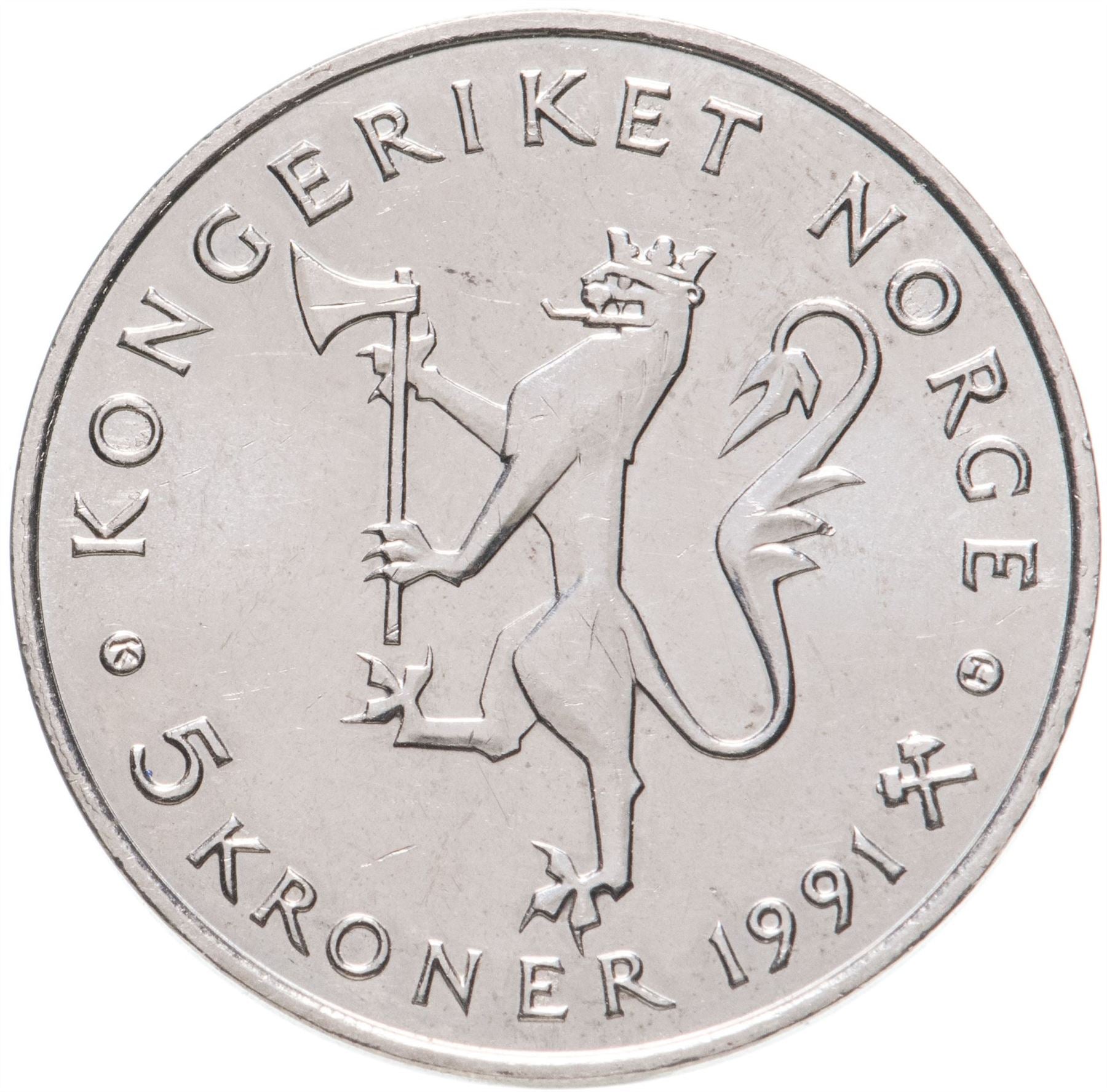 Norway 5 Kroner Coin | Olav V National Bank | KM430 | 1991