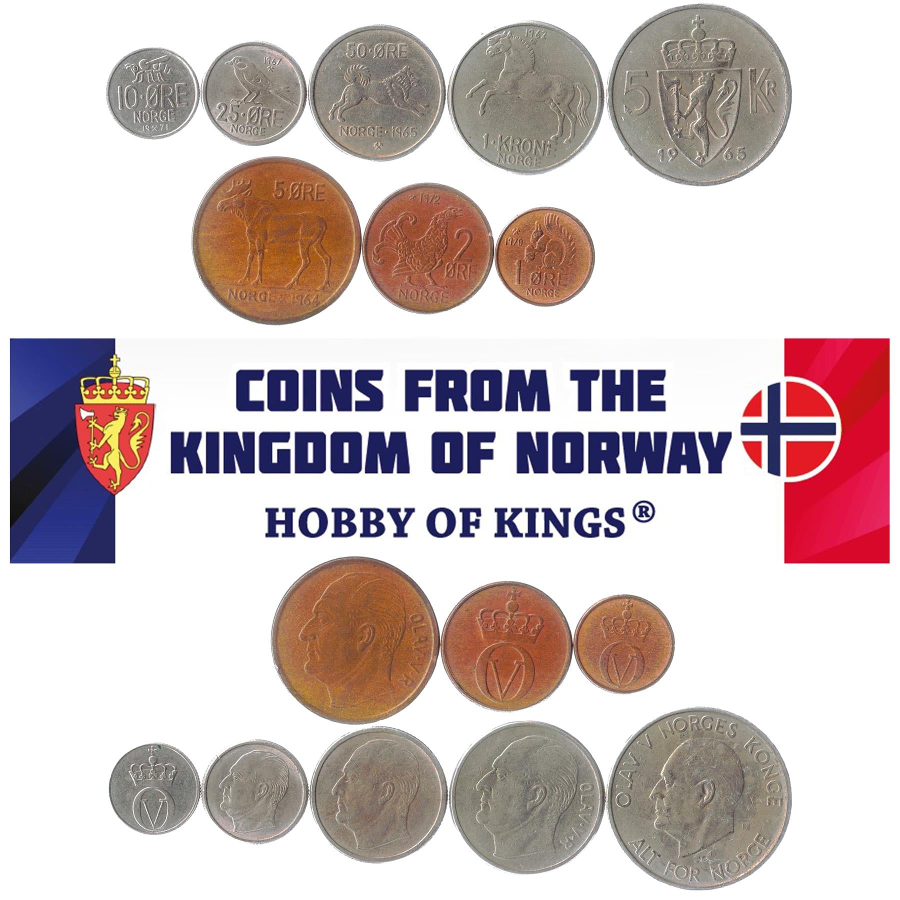 Norway 8 Coin Set 1 2 5 10 25 50 Ore 1 5 Kroner | King Olav V | Elk | Horse | Grouse | Chickadee | Elkhound | Bee | 1958 - 1973