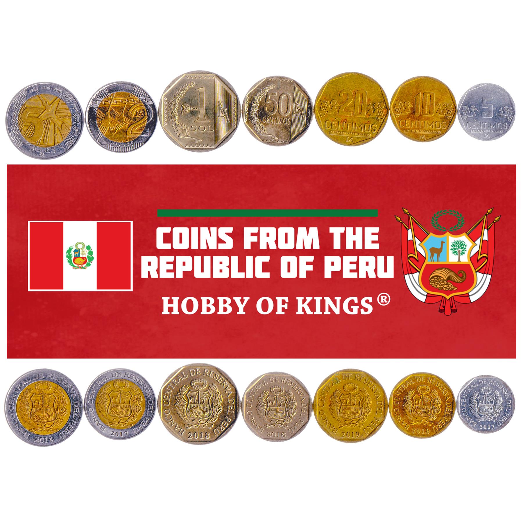 Peruvian 7 Coin Set 5 10 20 50 Céntimos 1 2 5 Soles | Hummingbird | Nazca Lines | Condor | 2016 - 2021