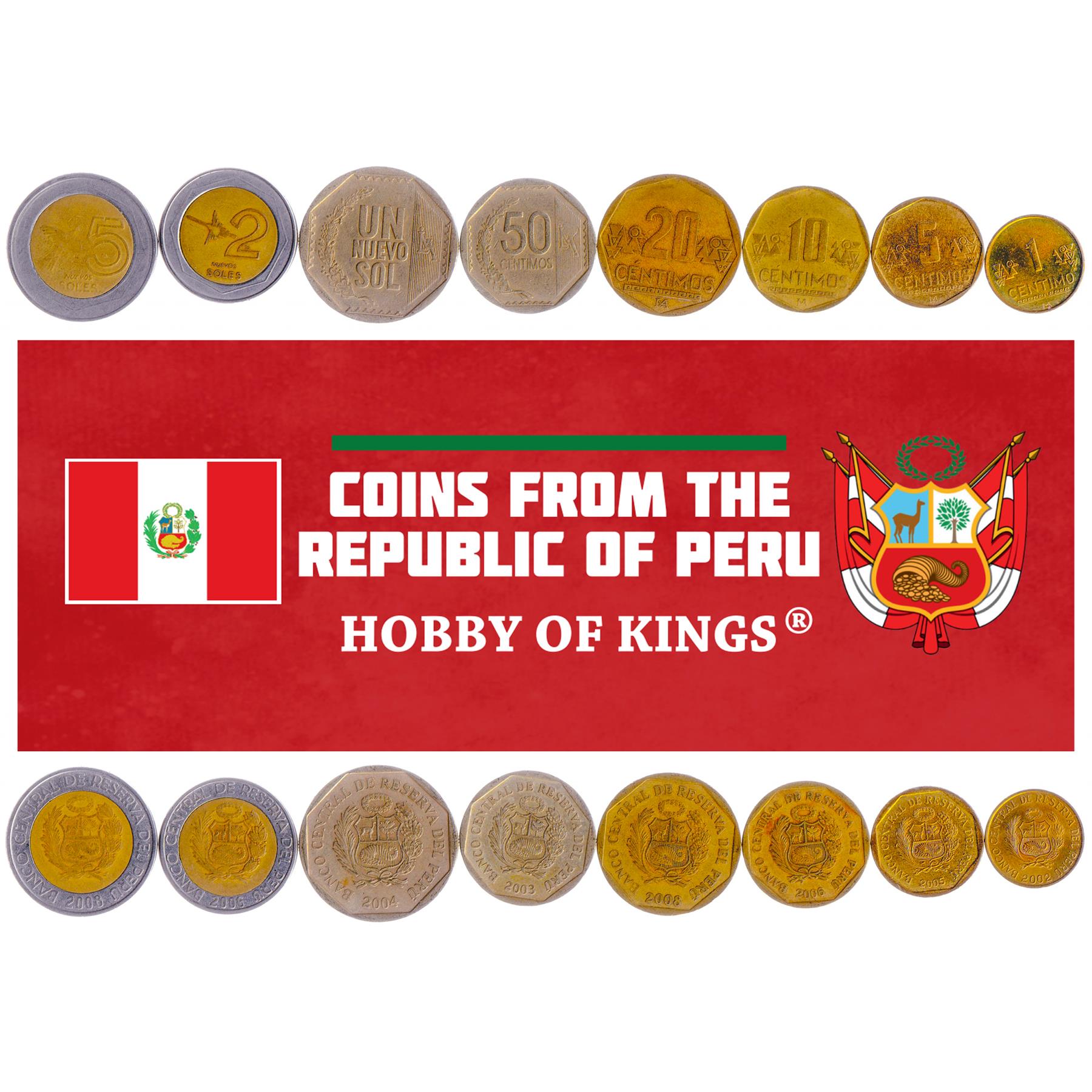 Peruvian 8 Coin Set 1 5 10 20 50 Céntimos 1 2 5 Nuevos | Laurel wreath | Hummingbird | Nazca Lines | Shield of Peru | Condor | 2001 - 2012