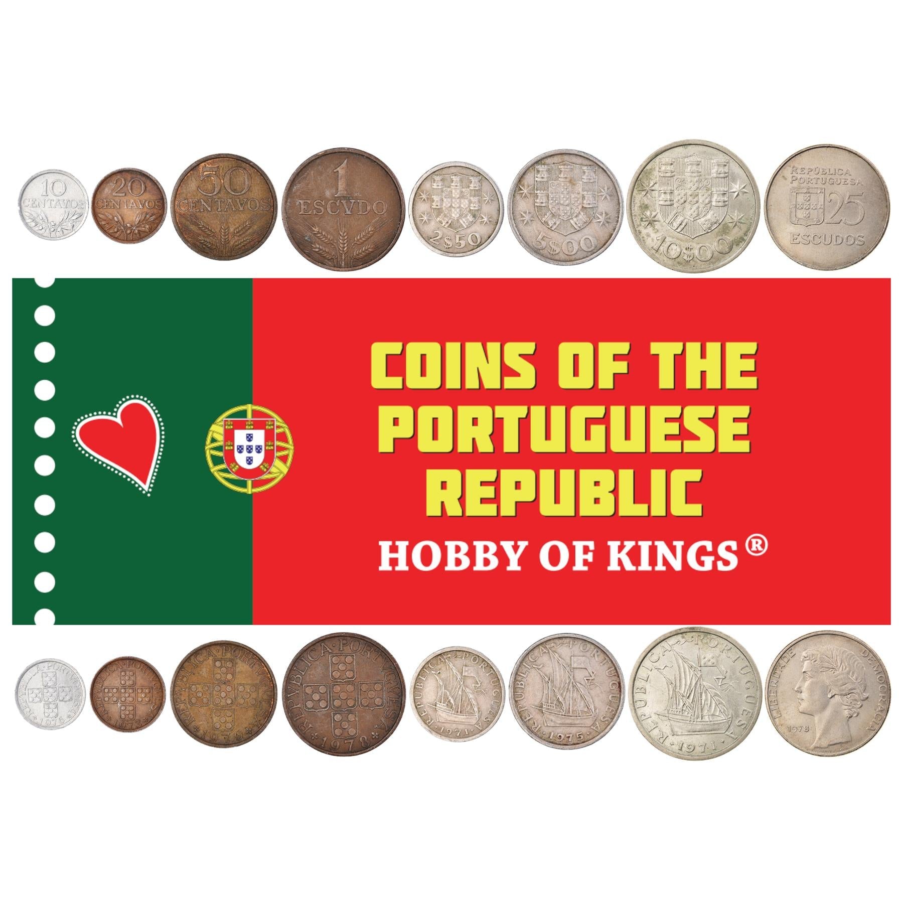 Portuguese 8 Coin Set 10 20 50 Centavos 1 2.50 5 10 25 Escudos | Ship | Republica | Quinas | Portugal | 1969 - 1979