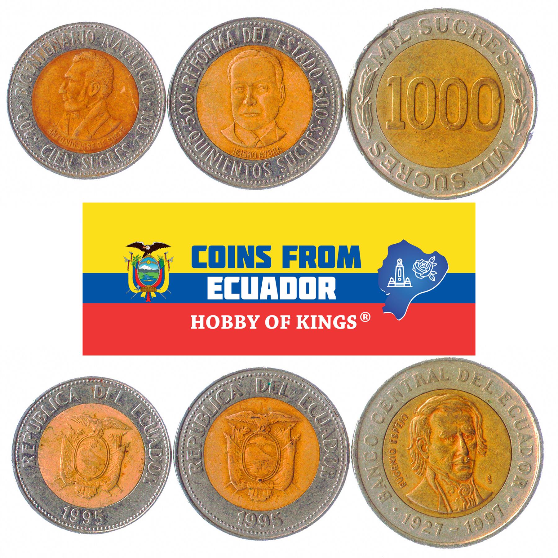 Set 3 Coins Ecuador 100 500 1000 Commemorative Sucres 1995 - 1997