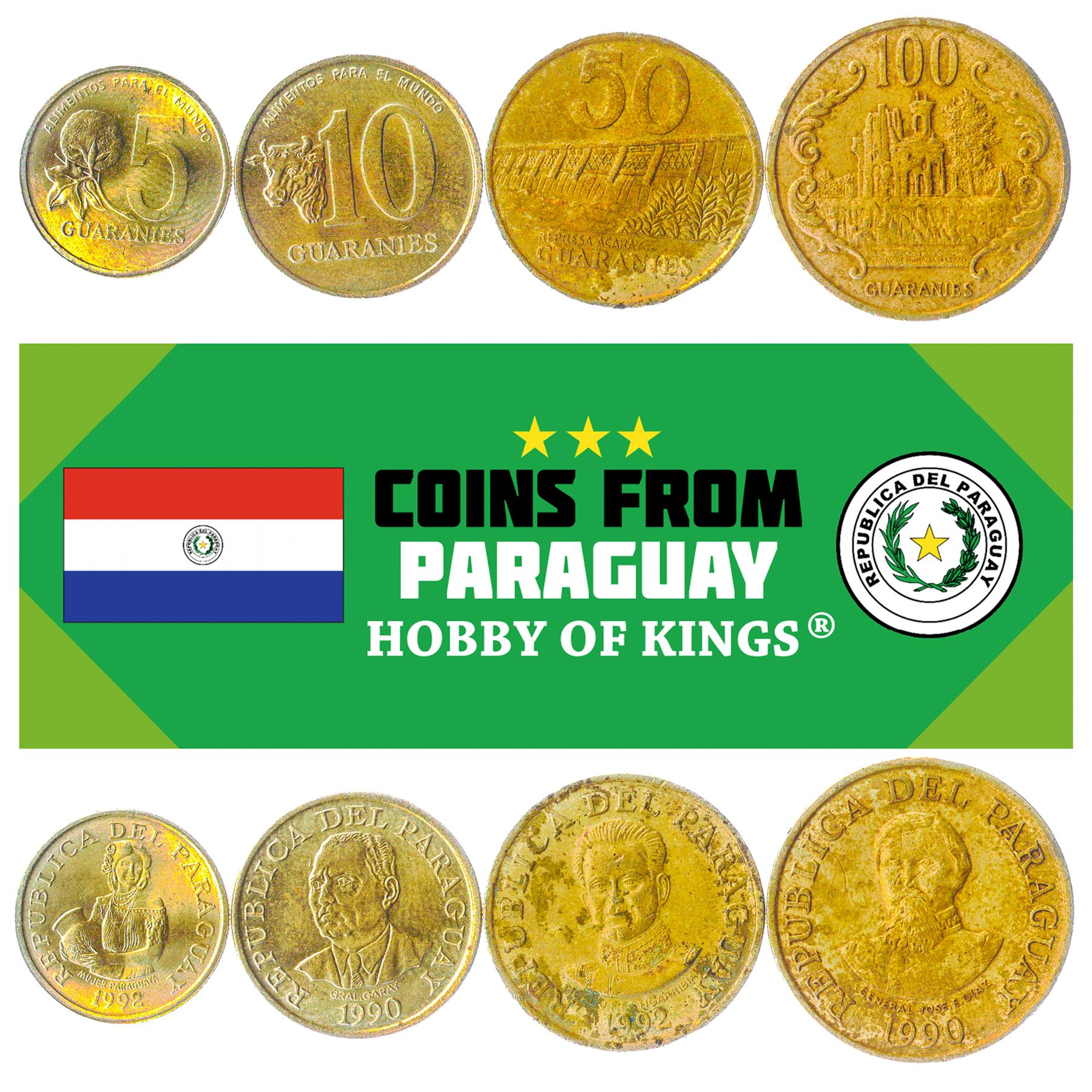 Set 4 Coins Paraguay South American Currency 5 10 50 100 Guaranies 1990 - 1992