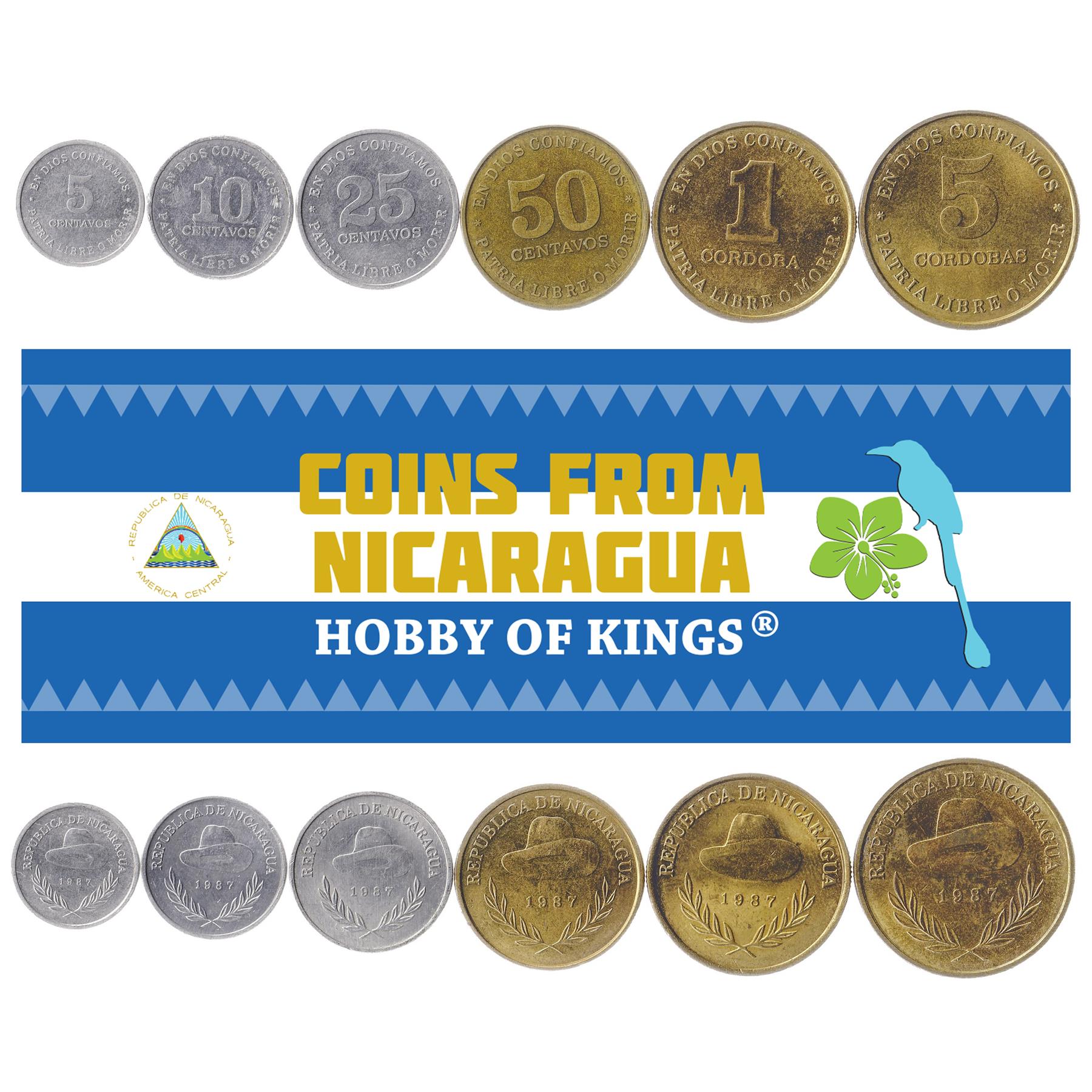 Set 6 Coins Nicaragua 5, 10, 25, 50, Centavos, 1, 5 Cordobas 1987