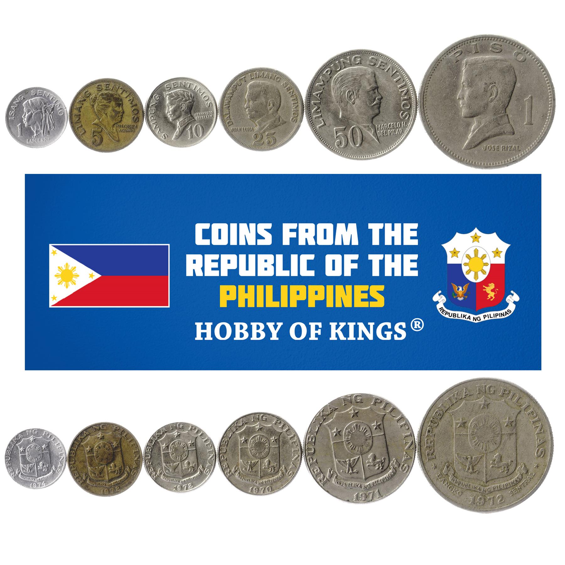 Set 6 Coins Philippines 1 5 10 25 50 Centavos 1 Peso 1967 - 1974