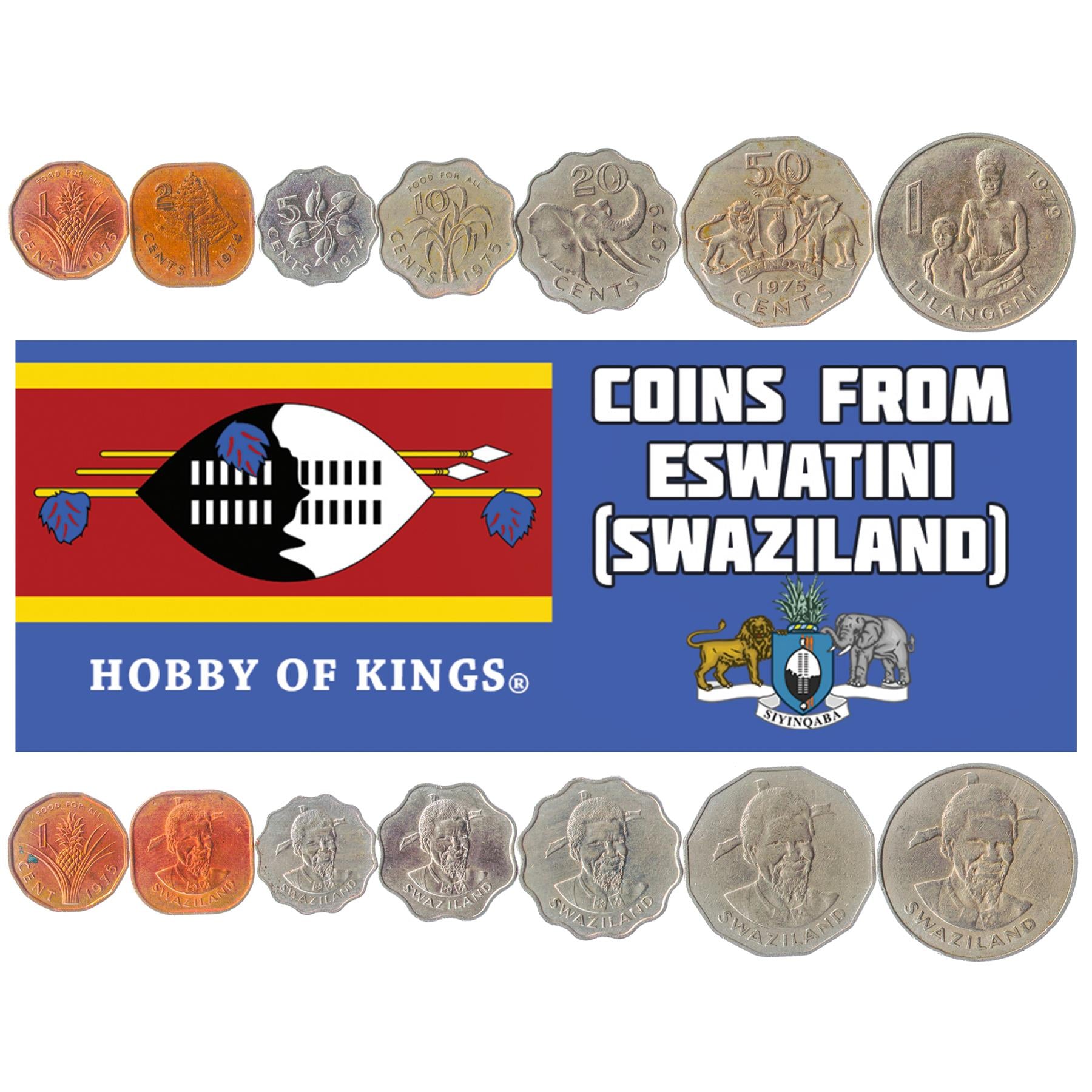 Set 7 Coins Eswatini (Swaziland) 1 2 5 10 20 50 Cents 1 Lilangeni 1974 - 1983