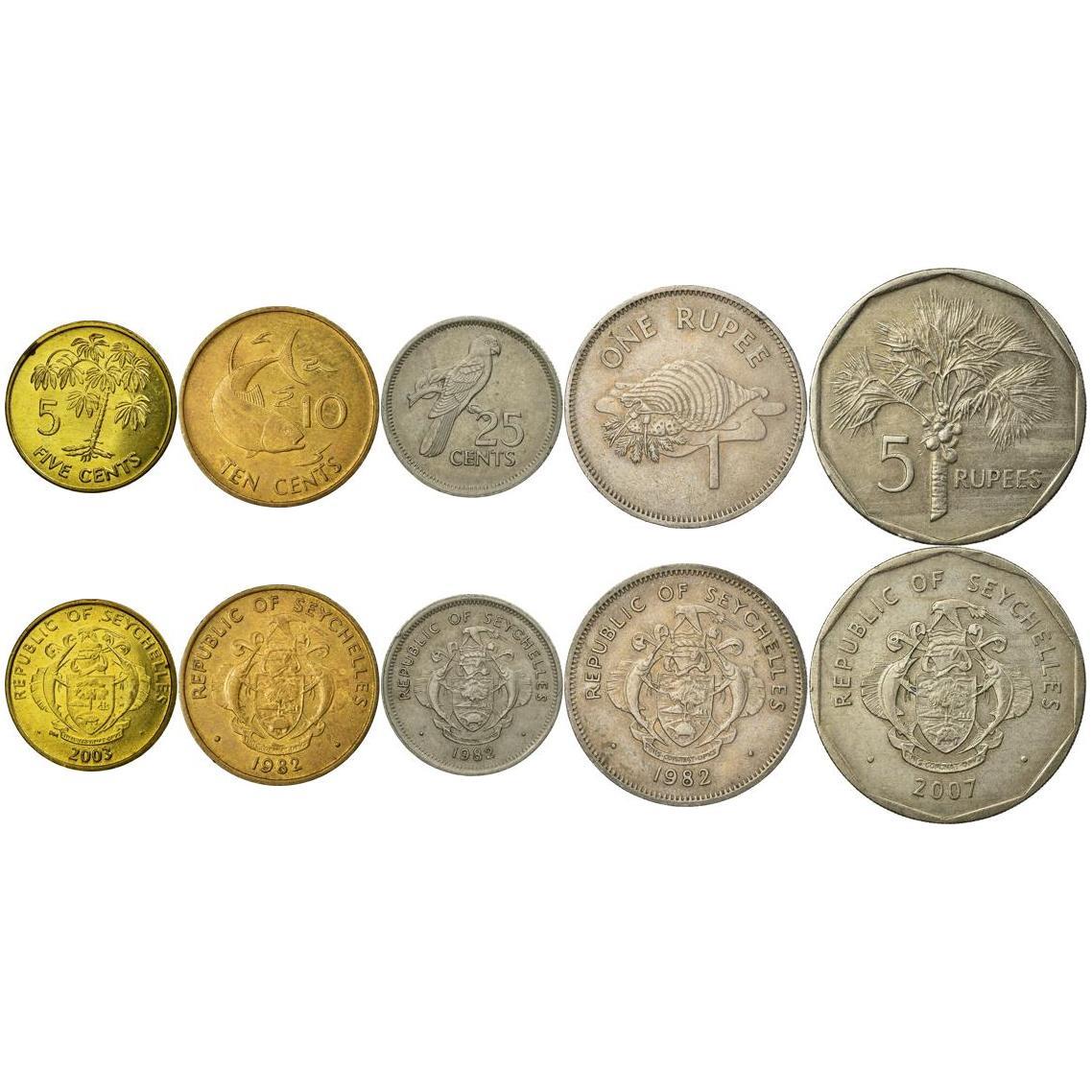 Seychelles | 5 Coin Set | 5 10 25 Cents 1 Rupee 5 Rupees | 1982 - 2010