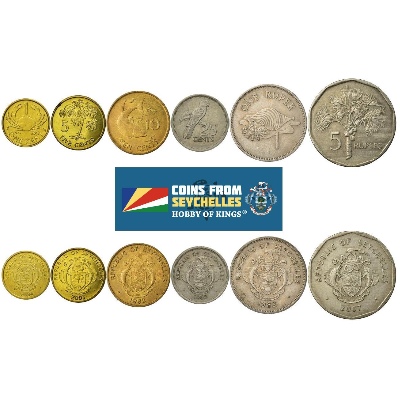 Seychelles | 6 Coin Set | 1 Cent 5 10 25 Cents 1 Rupee 5 Rupees | 1982 - 2010