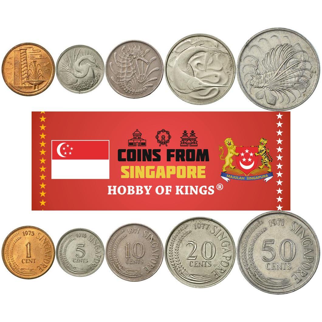 Singapore | 5 Coin Set | 1 Cent 5 10 20 50 Cents | Public housing | Snake Bird | Seahorse | Swordfish | Lionfish | 1967 - 1985