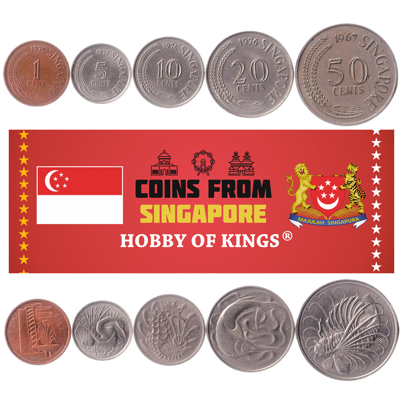 Singapore | 5 Coin Set | 1 Cent 5 10 20 50 Cents | Public housing | Snake Bird | Seahorse | Swordfish | Lionfish | 1967 - 1985