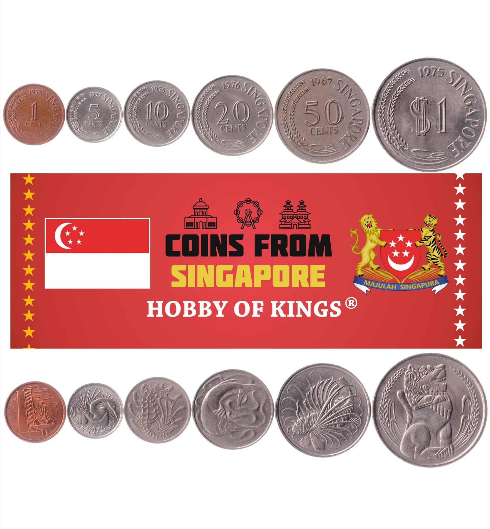 Singapore | 6 Coin Set | 1 Cent 5 10 20 50 Cents 1 Dollar | Public housing | Snake Bird | Seahorse | Swordfish | Lionfish | Singapore lion | 1967 - 1985