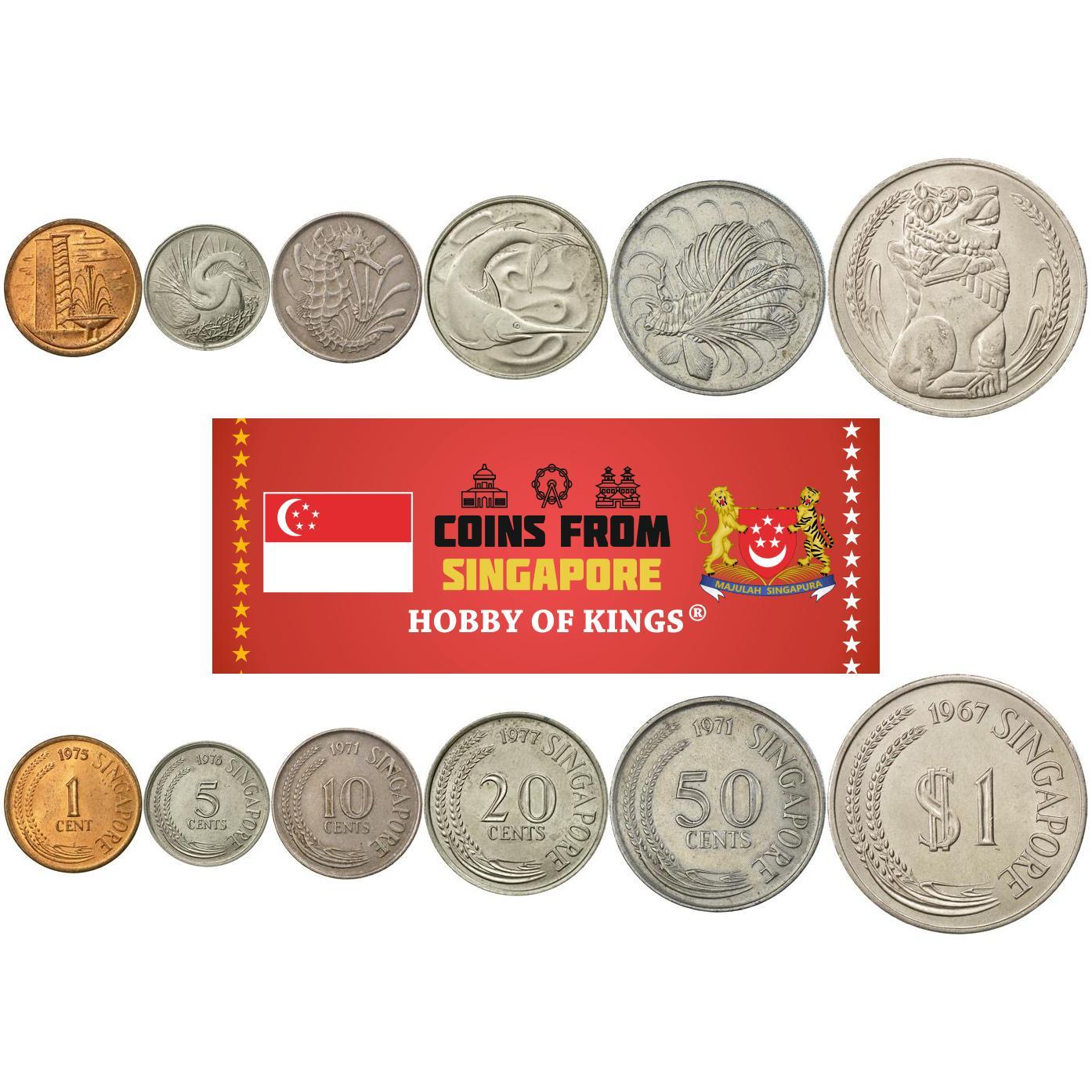 Singapore | 6 Coin Set | 1 Cent 5 10 20 50 Cents 1 Dollar | Public housing | Snake Bird | Seahorse | Swordfish | Lionfish | Singapore lion | 1967 - 1985