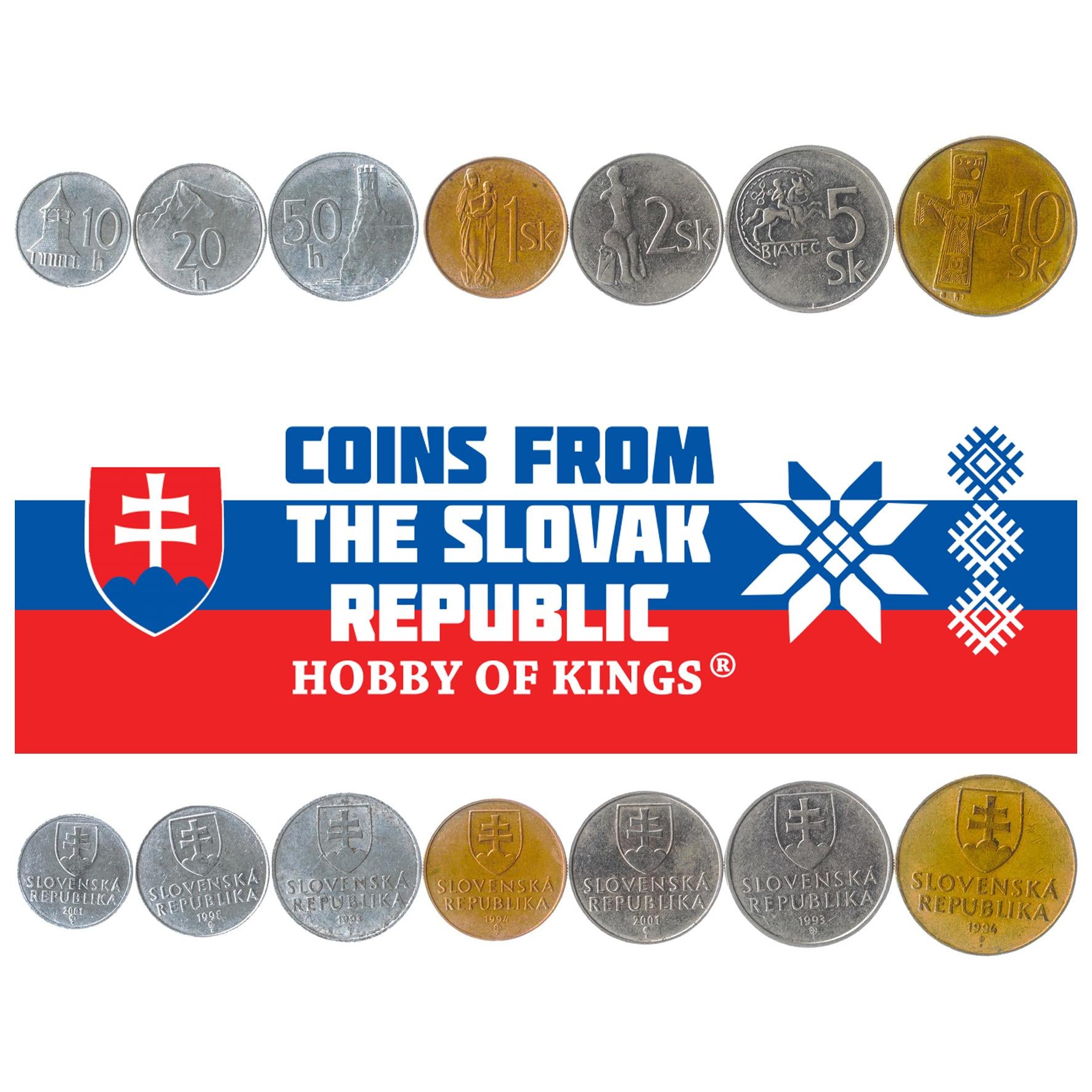 Slovak 7 Coin Set 10 20 50 Halierov 1 2 5 10 Korún | Devín Castle | Belfry | Kriváň | Madonna With Child | Sitting Venus | Cross | Slovakia | 1993 - 2008