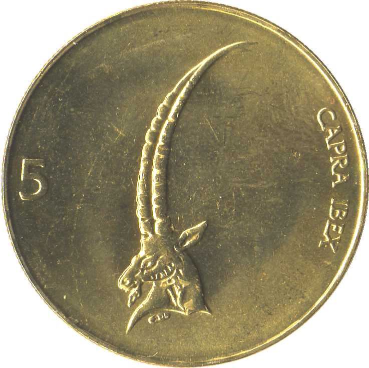 Slovenia 5 Tolarjev Coin | Alpine Ibex | KM6 | 1992 - 2006