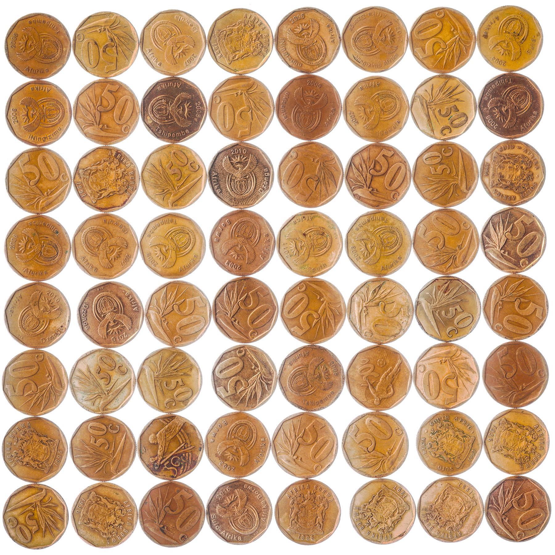 South Africa 50 Cents | 100 Mixed African Coins | Tshipembe | Borowa | iSewula | iNingizimu | Ningizimu | uMzantsi | 1990 - 2019