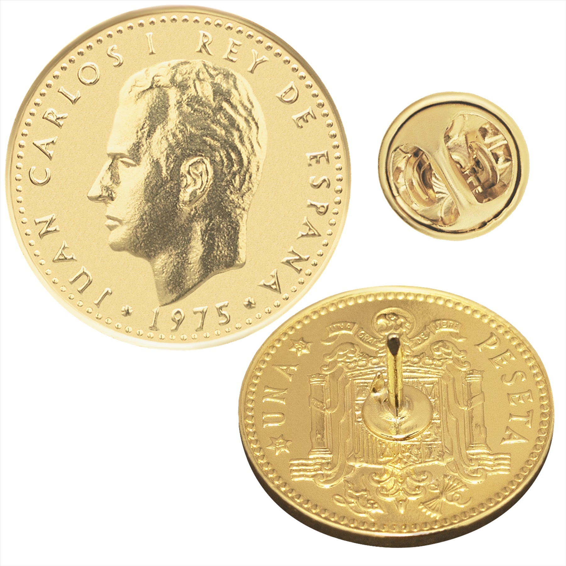 Spanish Coin Pin Brooch Badge | Genuine 1 Peseta | 18K Gold Plated | King Juan Carlos I