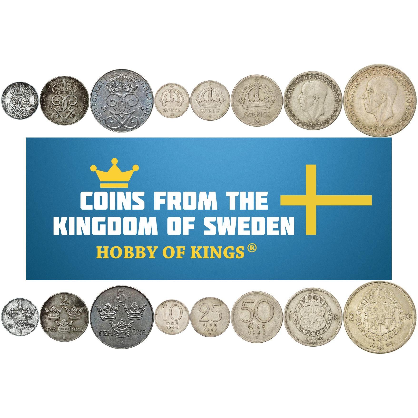 Swedish 8 Coin Set 1 2 5 10 25 50 Ore 1 2 Kronor | Gustaf V | Crown | Sweden | 1942 - 1950