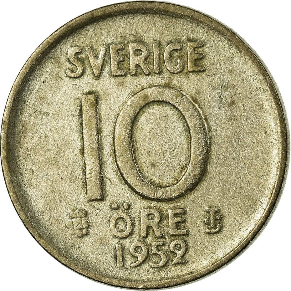 Swedish Coin 10 Ore Coin | King Gustaf VI Adolf | Crown | Sweden | 1952 - 1962