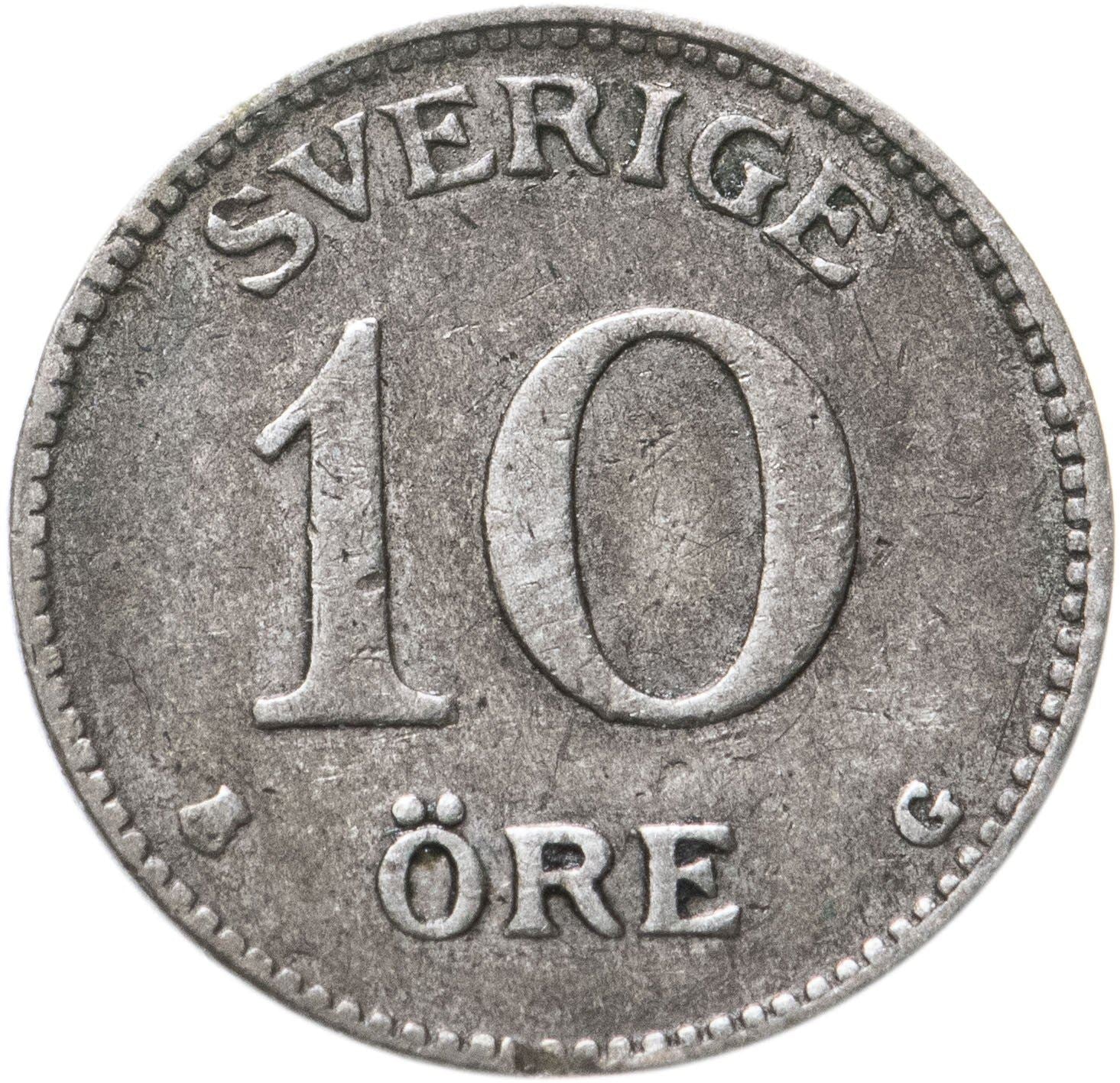 Swedish Coin 10 Öre | King Gustaf V | Crown | Sweden | 1909 - 1942