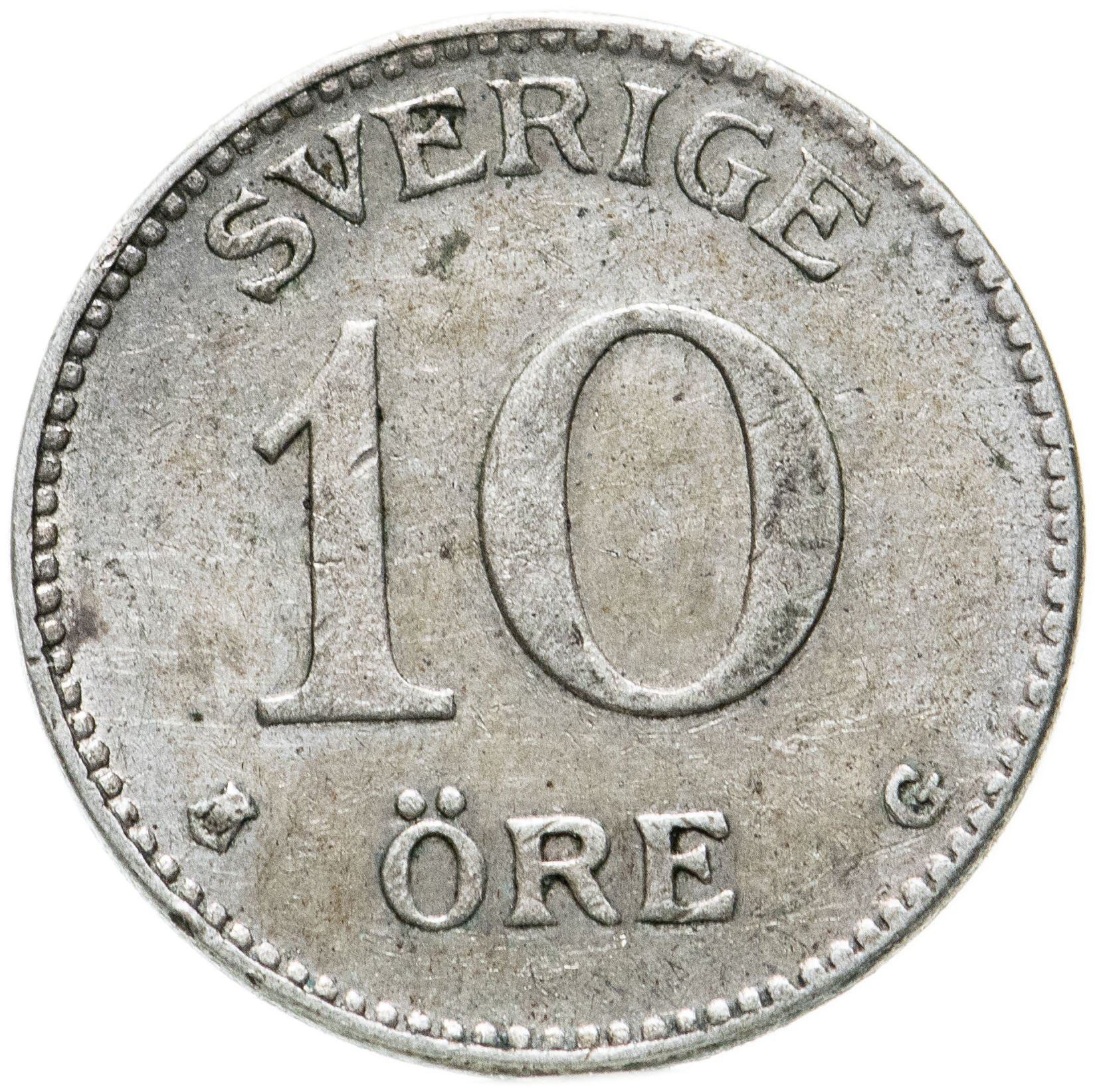 Swedish Coin 10 Öre | King Gustaf V | Crown | Sweden | 1909 - 1942