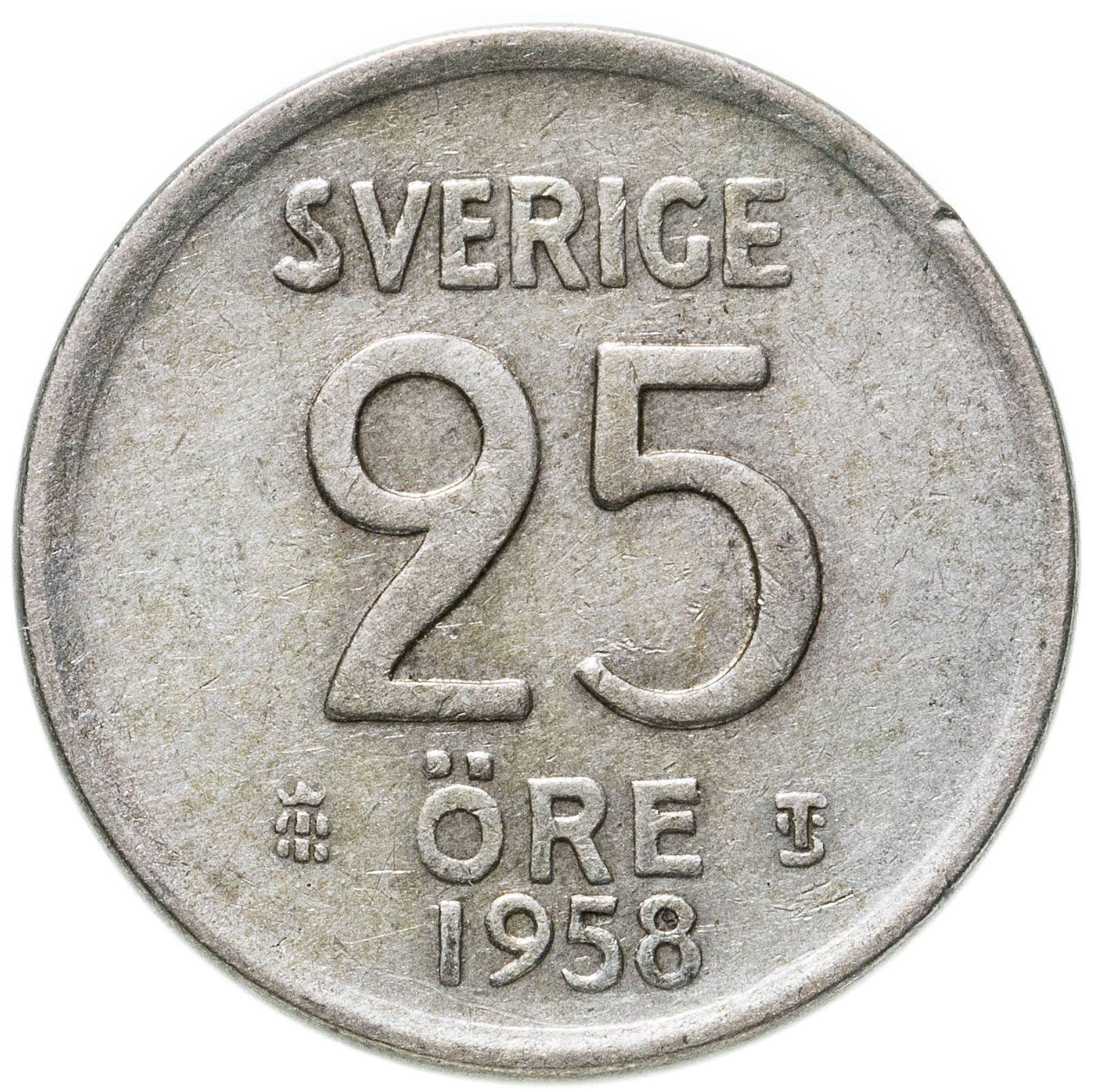 Swedish Coin 25 Ore Coin | King Gustaf VI Adolf | Crown | Sweden | 1952 - 1961