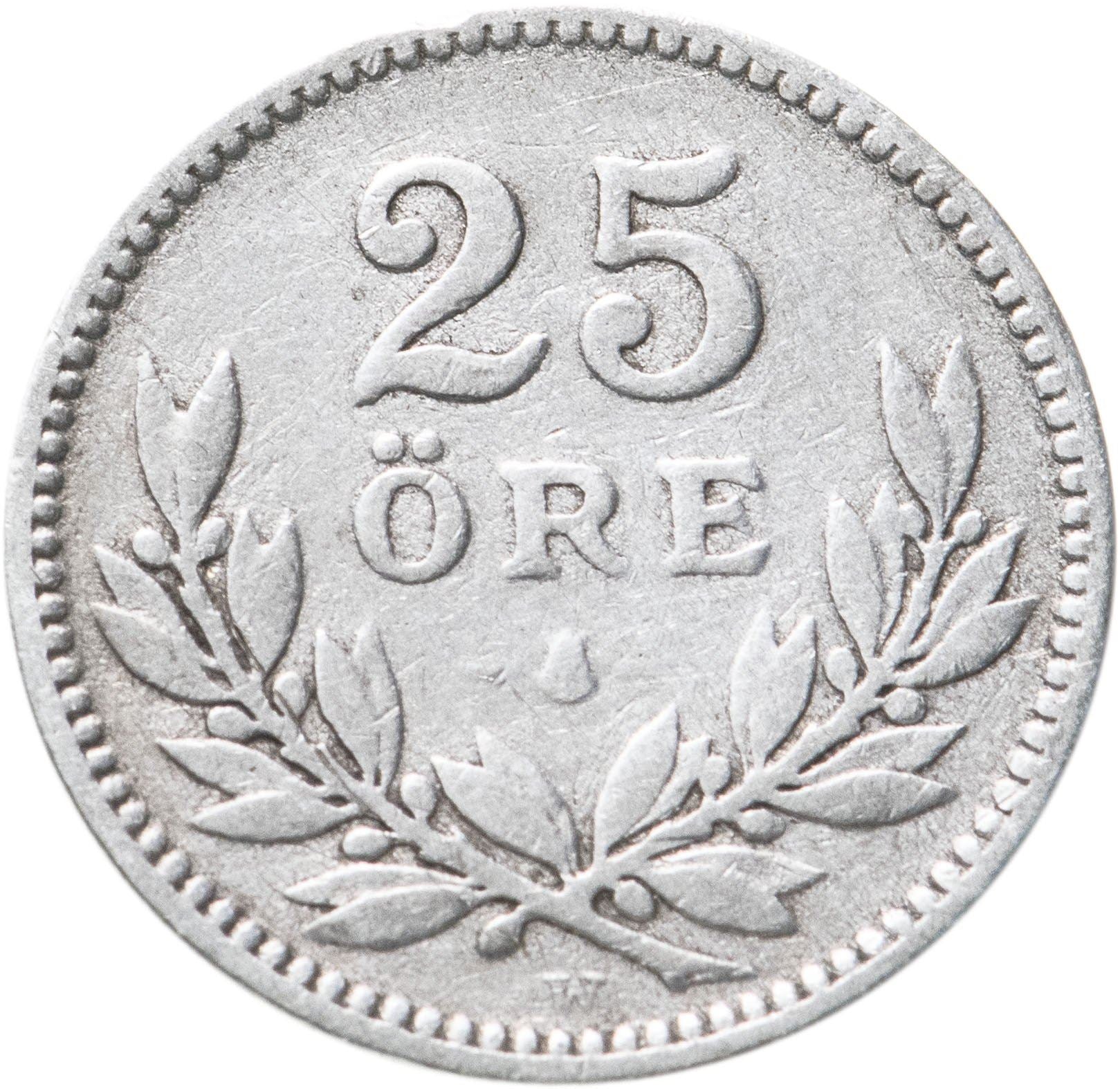 Swedish Coin 25 Öre | King Gustaf V | Shield | Sweden | 1910 - 1941