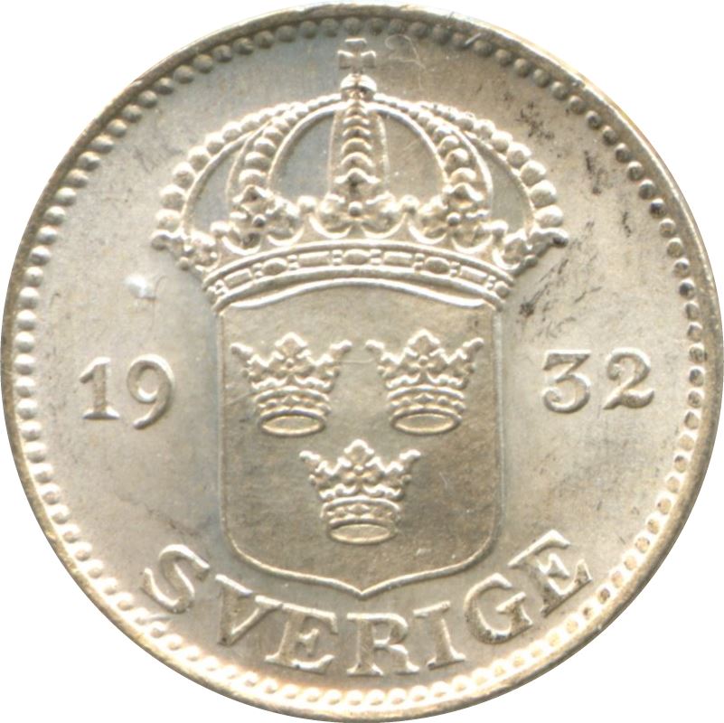 Swedish Coin 25 Öre | King Gustaf V | Shield | Sweden | 1910 - 1941