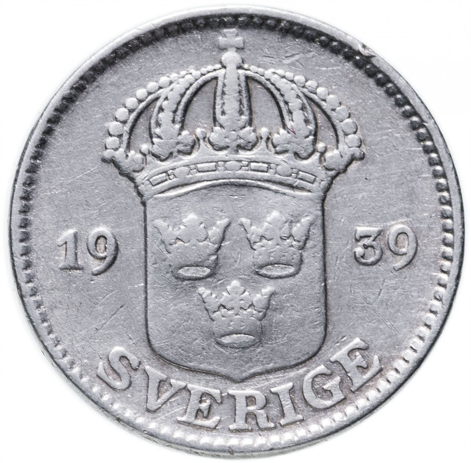 Swedish Coin 25 Öre | King Gustaf V | Shield | Sweden | 1910 - 1941