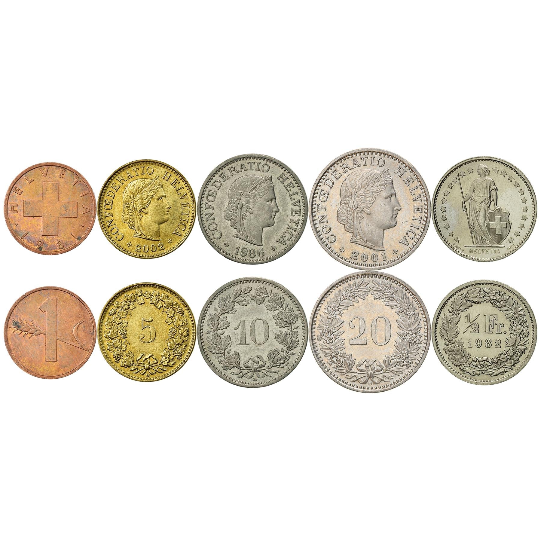 Swiss 5 Coin Set 1 5 10 20 Rappen 1/2 Franc | Wheat | Libertas | Helvetia | Switzerland | 1981 - 2023