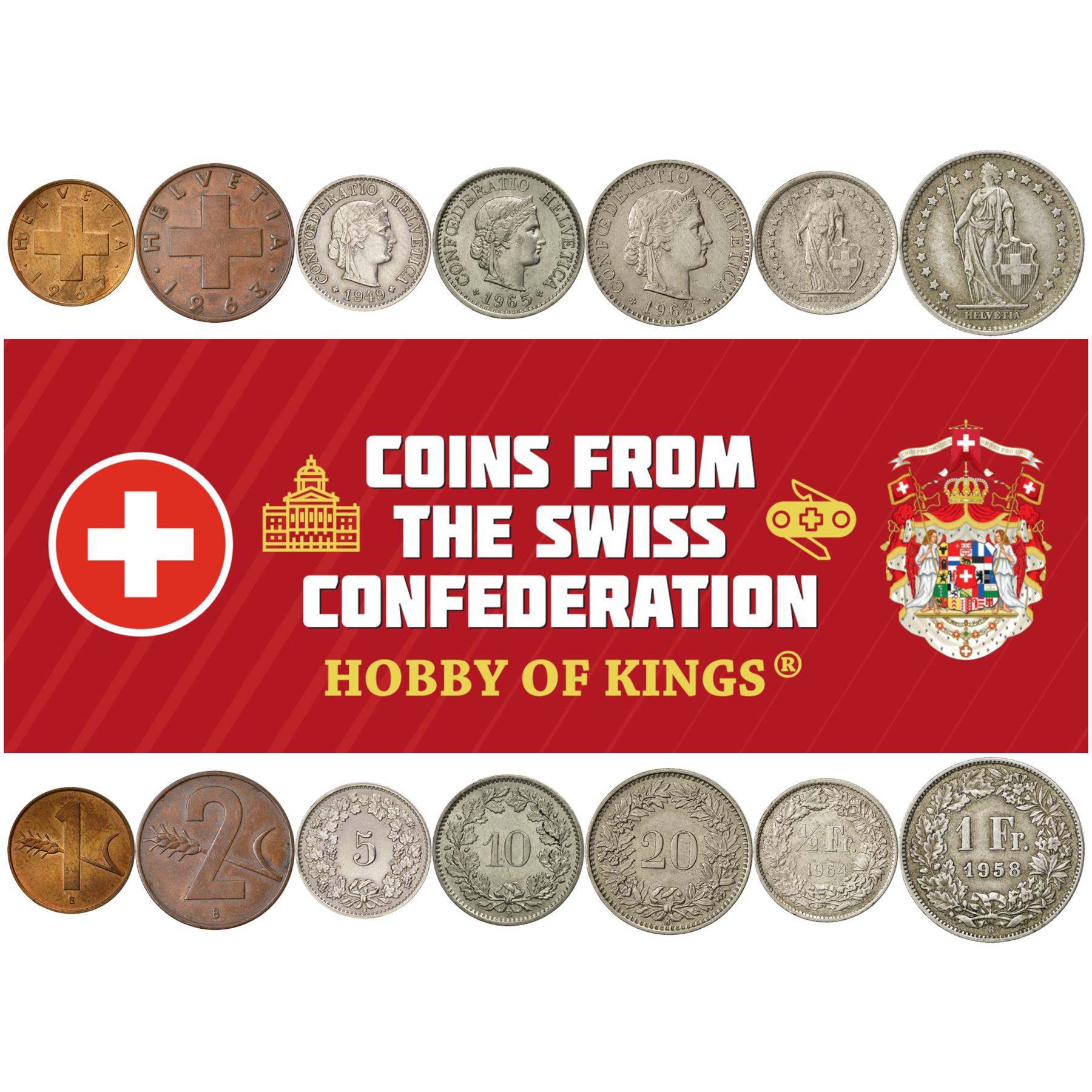 Swiss 7 Coin Set 1 2 5 10 20 Rappen 1/2 1 Franc | Wheat | Libertas | Helvetia | Switzerland | 1948 - 1967